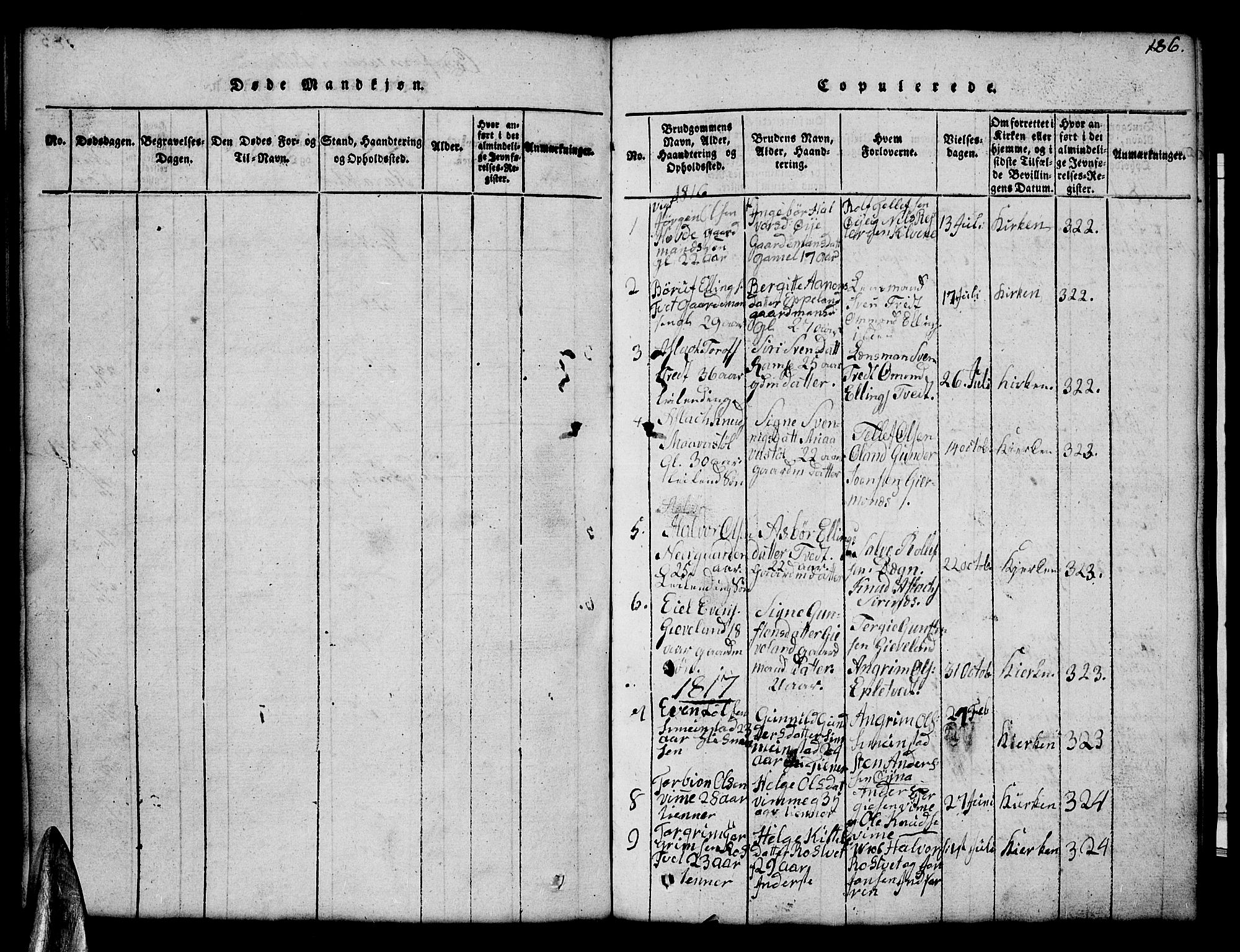 Åmli sokneprestkontor, SAK/1111-0050/F/Fb/Fbc/L0001: Klokkerbok nr. B 1, 1816-1867, s. 186
