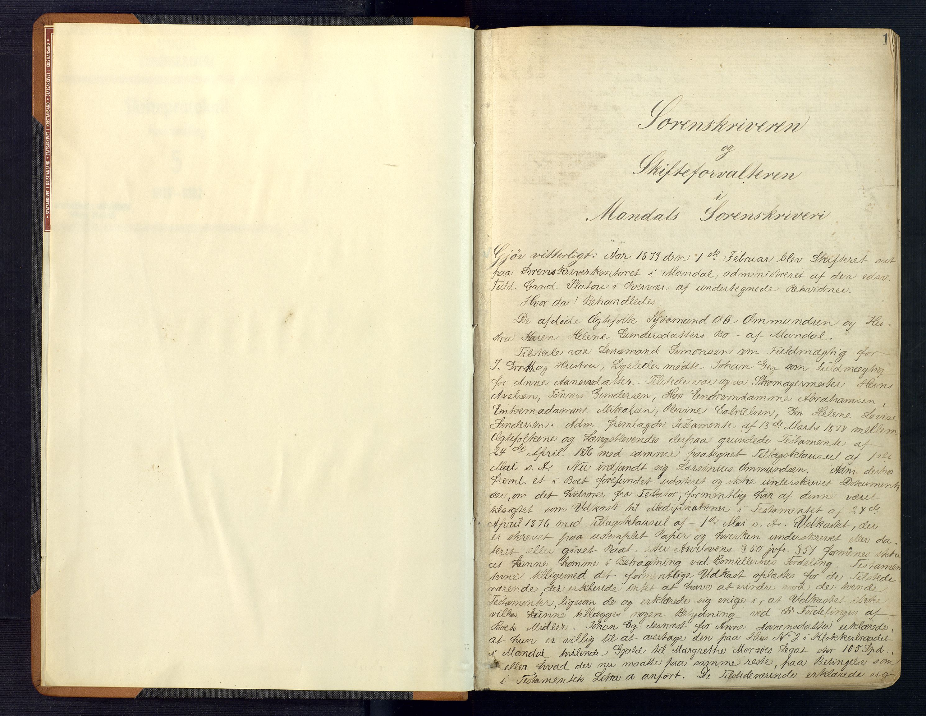 Mandal sorenskriveri, SAK/1221-0005/001/H/Hc/L0073: Skifteforhandlingsprotokoll nr 5, 1879-1882, s. 1