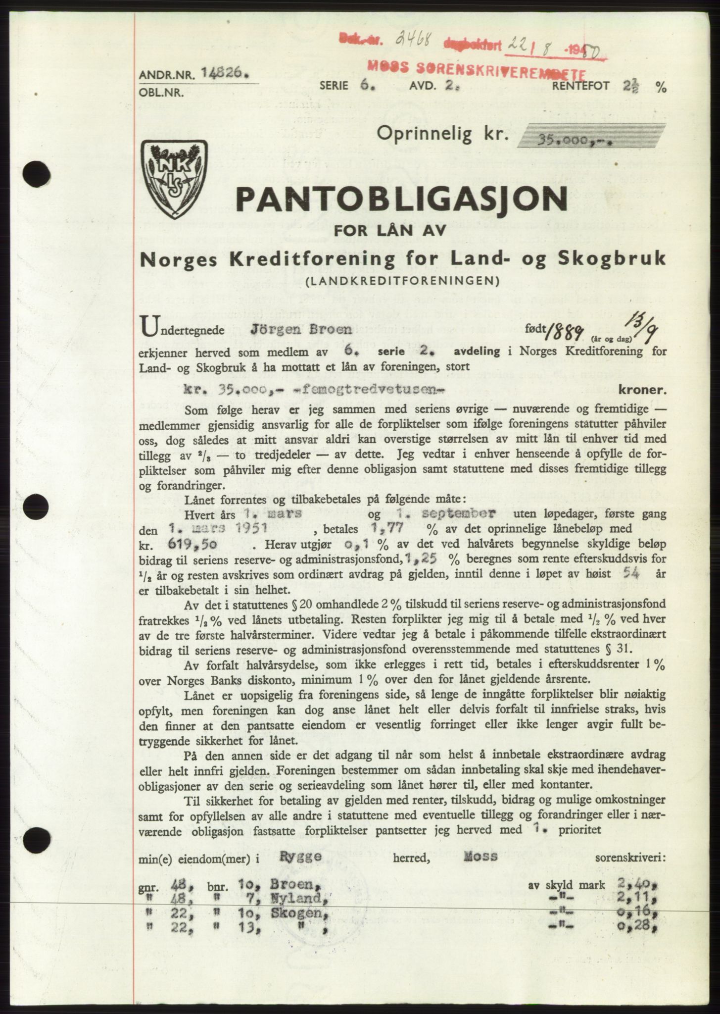 Moss sorenskriveri, SAO/A-10168: Pantebok nr. B25, 1950-1950, Dagboknr: 2468/1950