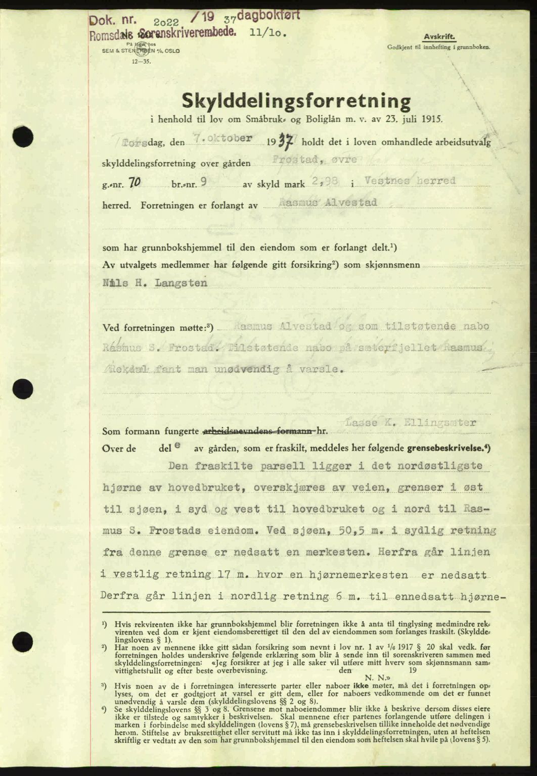 Romsdal sorenskriveri, SAT/A-4149/1/2/2C: Pantebok nr. A4, 1937-1938, Dagboknr: 2022/1937