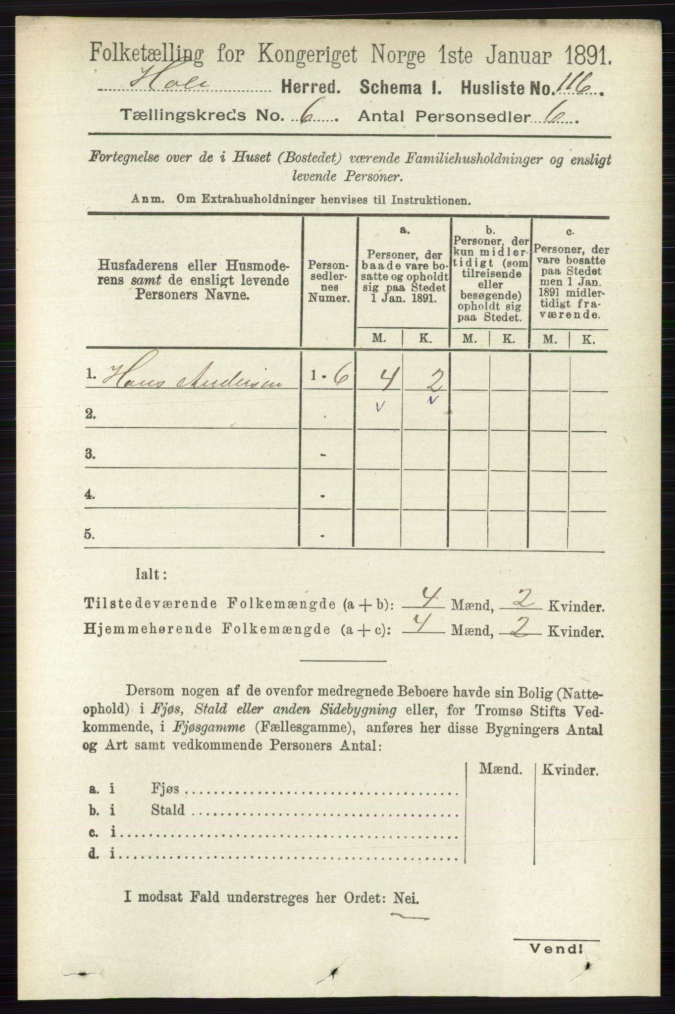 RA, Folketelling 1891 for 0612 Hole herred, 1891, s. 3092