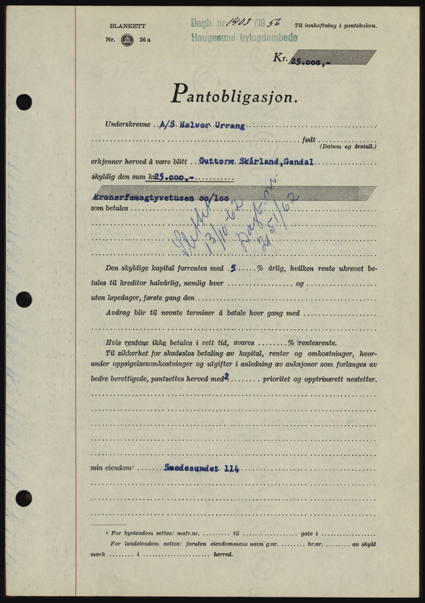 Haugesund tingrett, SAST/A-101415/01/II/IIC/L0042: Pantebok nr. B 42, 1956-1957, Dagboknr: 1403/1956