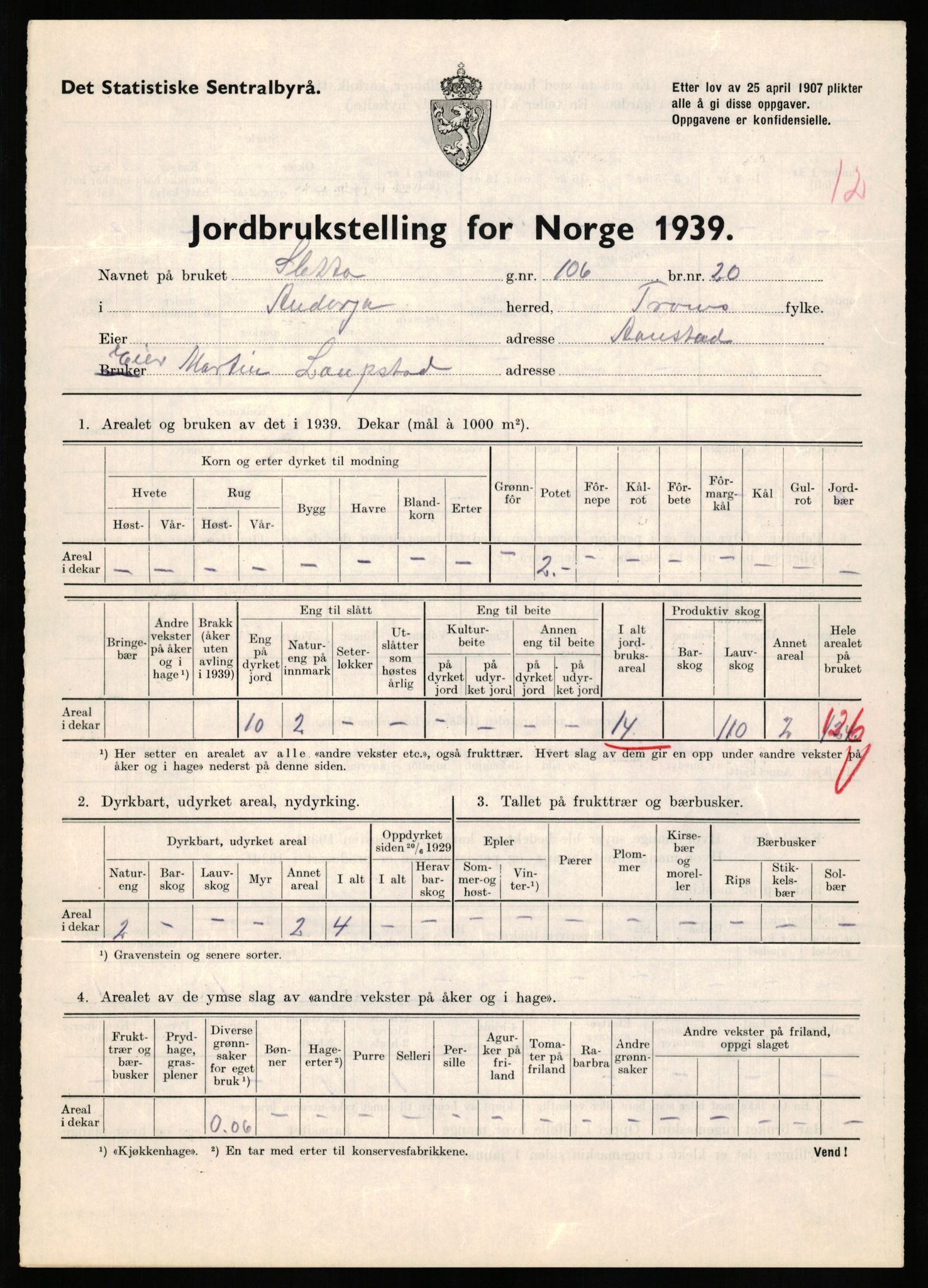 Statistisk sentralbyrå, Næringsøkonomiske emner, Jordbruk, skogbruk, jakt, fiske og fangst, AV/RA-S-2234/G/Gb/L0339: Troms: Andørja, Astafjord og Lavangen, 1939, s. 538