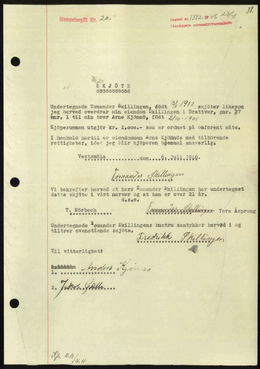 Nordmøre sorenskriveri, SAT/A-4132/1/2/2Ca: Pantebok nr. A102, 1946-1946, Dagboknr: 1382/1946