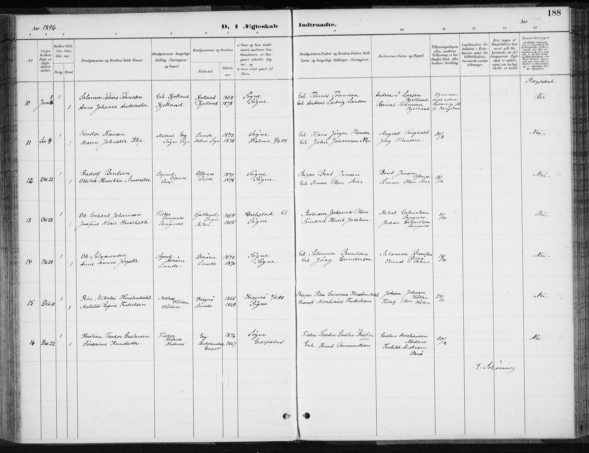 Søgne sokneprestkontor, SAK/1111-0037/F/Fa/Fab/L0013: Ministerialbok nr. A 13, 1892-1911, s. 188