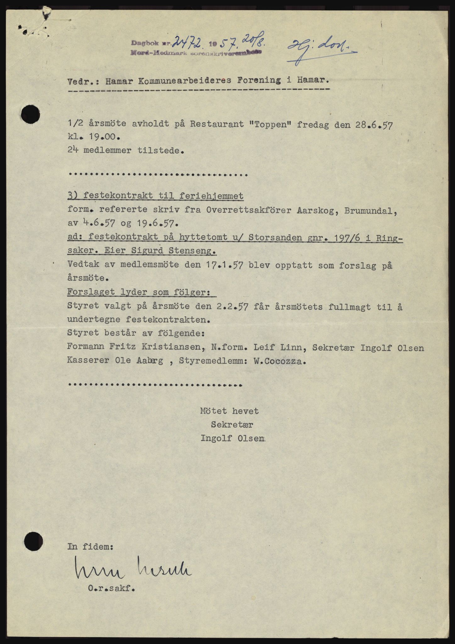 Nord-Hedmark sorenskriveri, SAH/TING-012/H/Hc/L0011: Pantebok nr. 11, 1956-1957, Dagboknr: 2472/1957