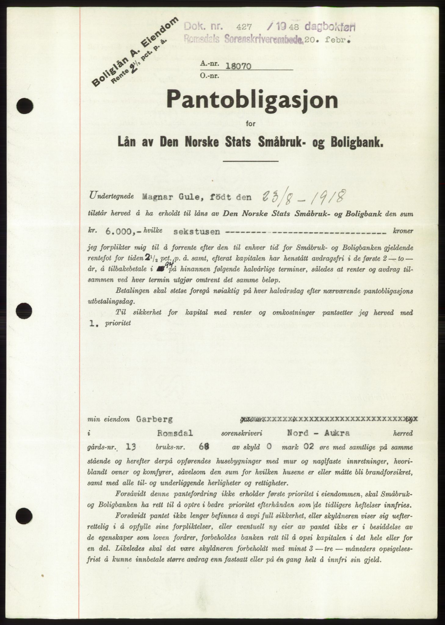 Romsdal sorenskriveri, SAT/A-4149/1/2/2C: Pantebok nr. B3, 1946-1948, Dagboknr: 427/1948