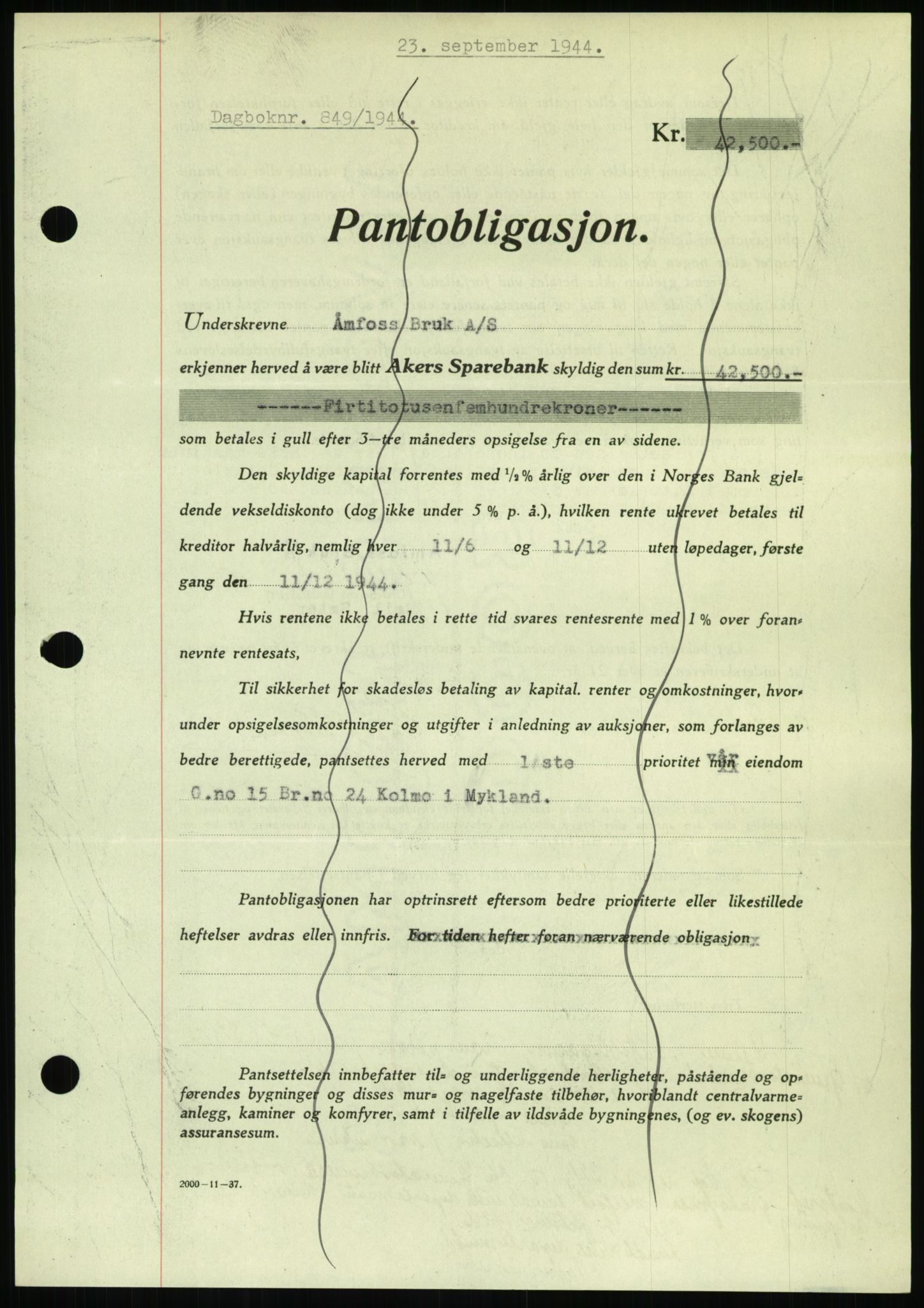 Nedenes sorenskriveri, SAK/1221-0006/G/Gb/Gbb/L0002: Pantebok nr. II, 1942-1945, Dagboknr: 849/1944