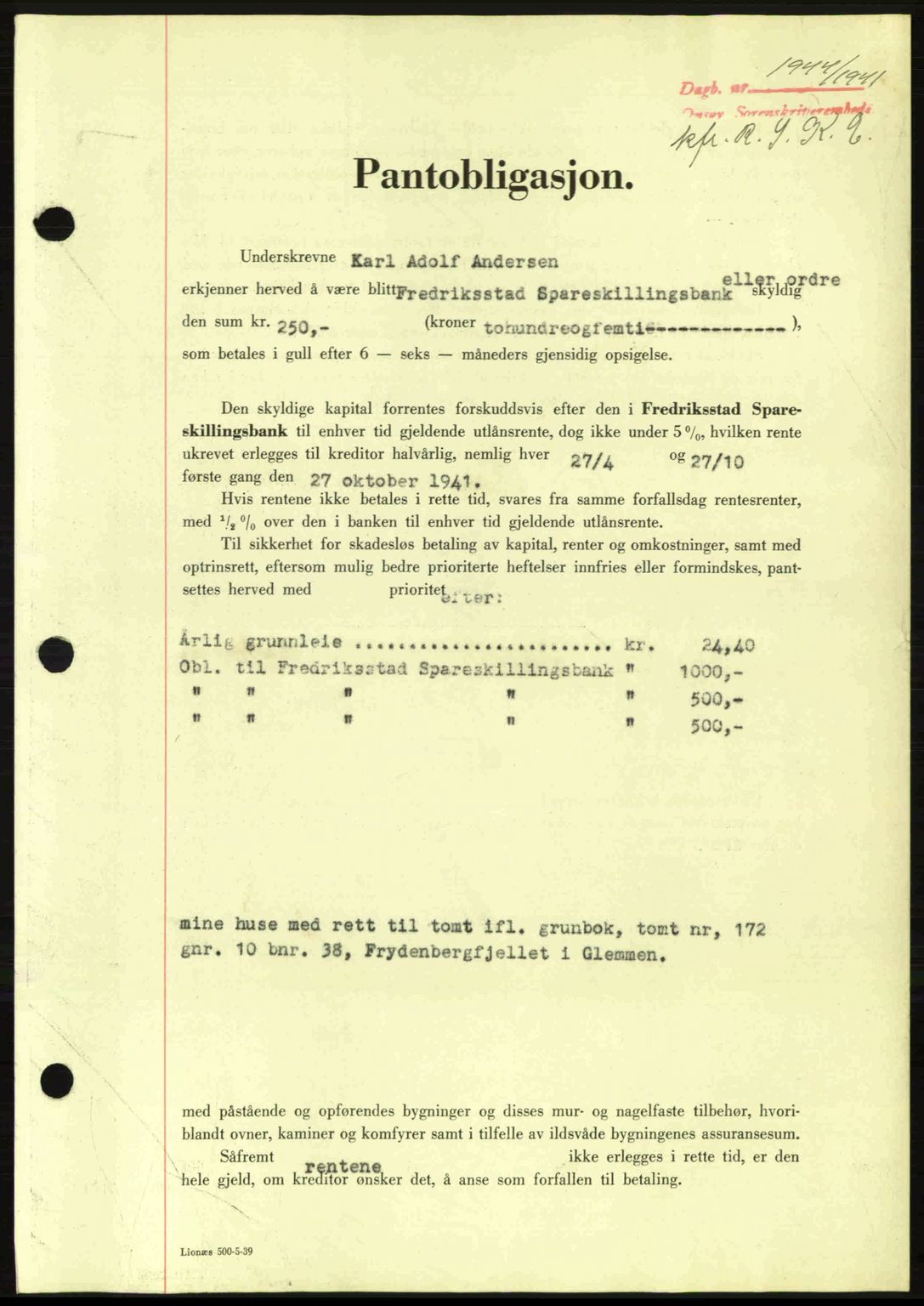Onsøy sorenskriveri, SAO/A-10474/G/Ga/Gac/L0003: Pantebok nr. B3, 1940-1944, Dagboknr: 1944/1941