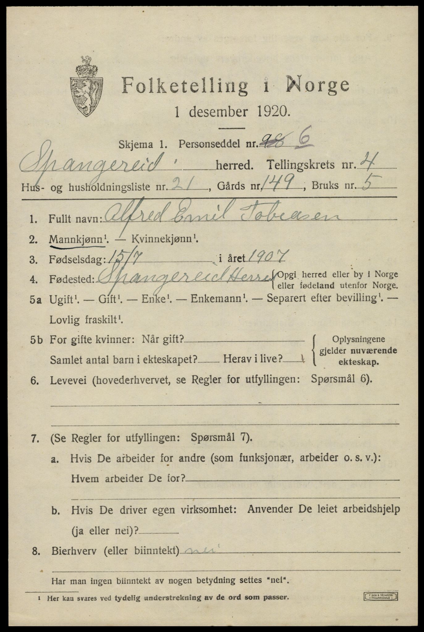 SAK, Folketelling 1920 for 1030 Spangereid herred, 1920, s. 1713