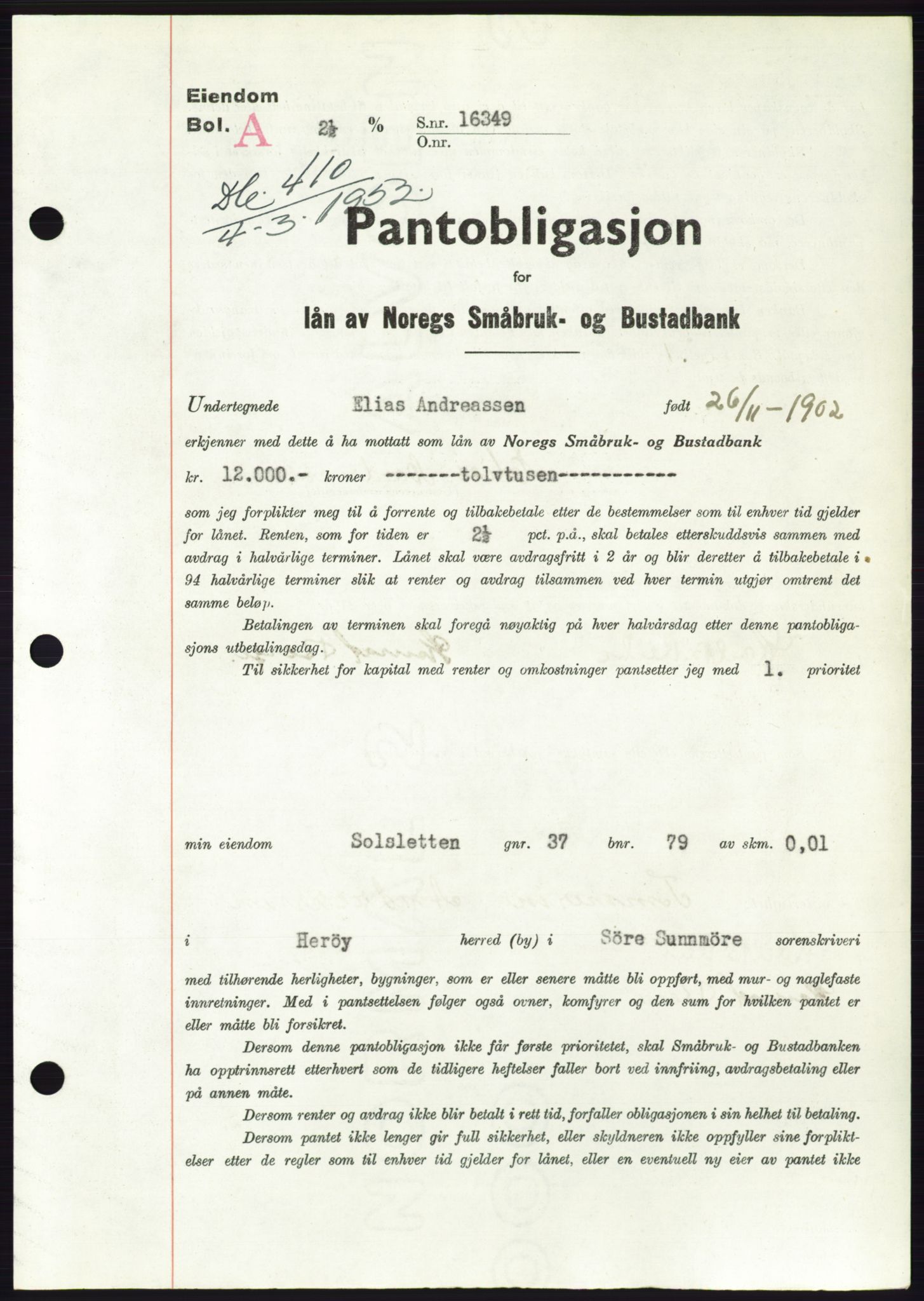 Søre Sunnmøre sorenskriveri, AV/SAT-A-4122/1/2/2C/L0121: Pantebok nr. 9B, 1951-1952, Dagboknr: 410/1952