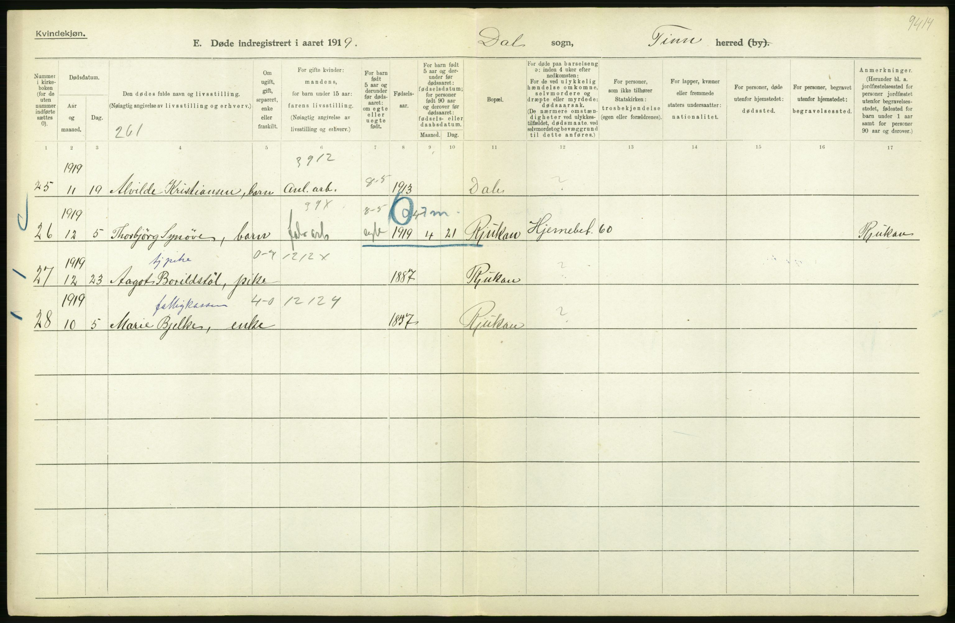 Statistisk sentralbyrå, Sosiodemografiske emner, Befolkning, AV/RA-S-2228/D/Df/Dfb/Dfbi/L0023: Telemark fylke: Døde. Bygder og byer., 1919, s. 292