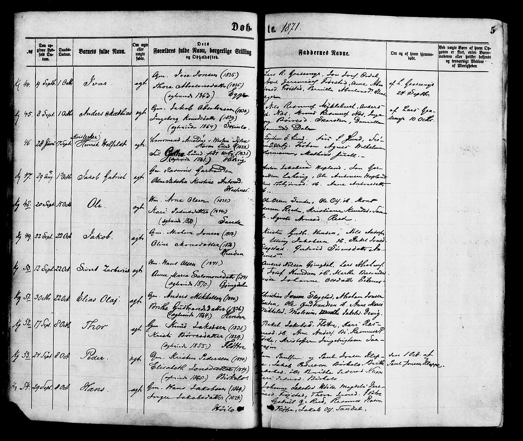 Gloppen sokneprestembete, AV/SAB-A-80101/H/Haa/Haaa/L0010: Ministerialbok nr. A 10, 1871-1884, s. 5