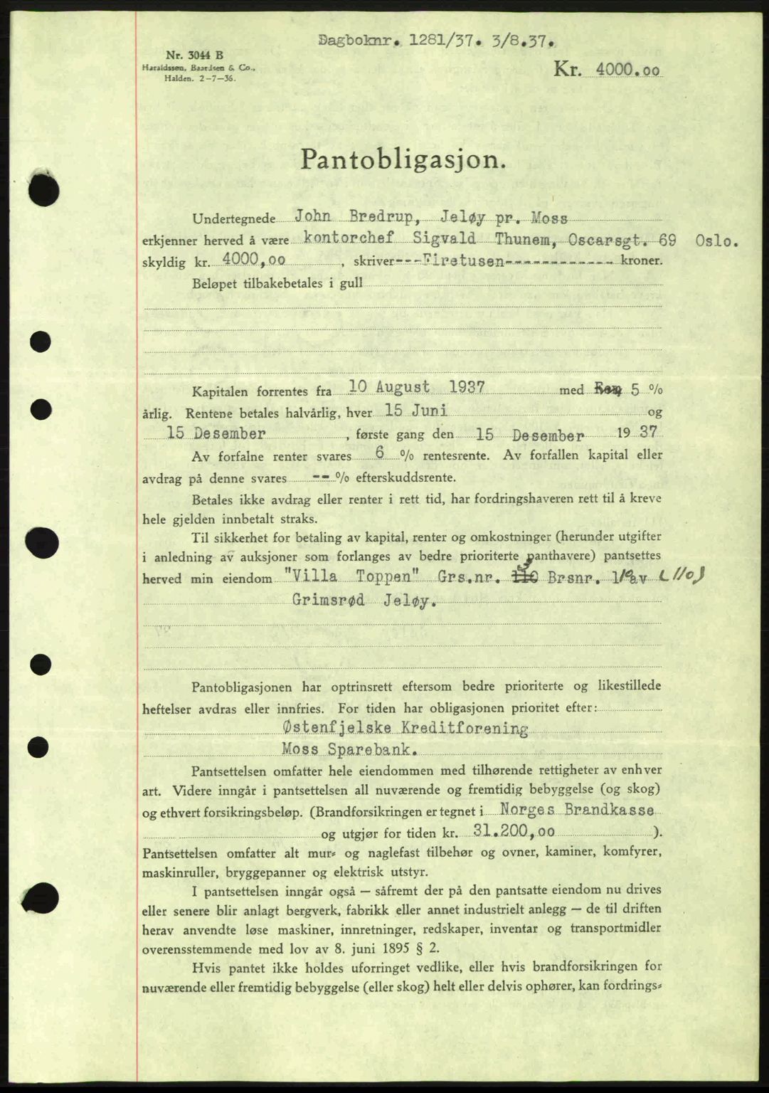 Moss sorenskriveri, SAO/A-10168: Pantebok nr. B3, 1937-1937, Dagboknr: 1281/1937