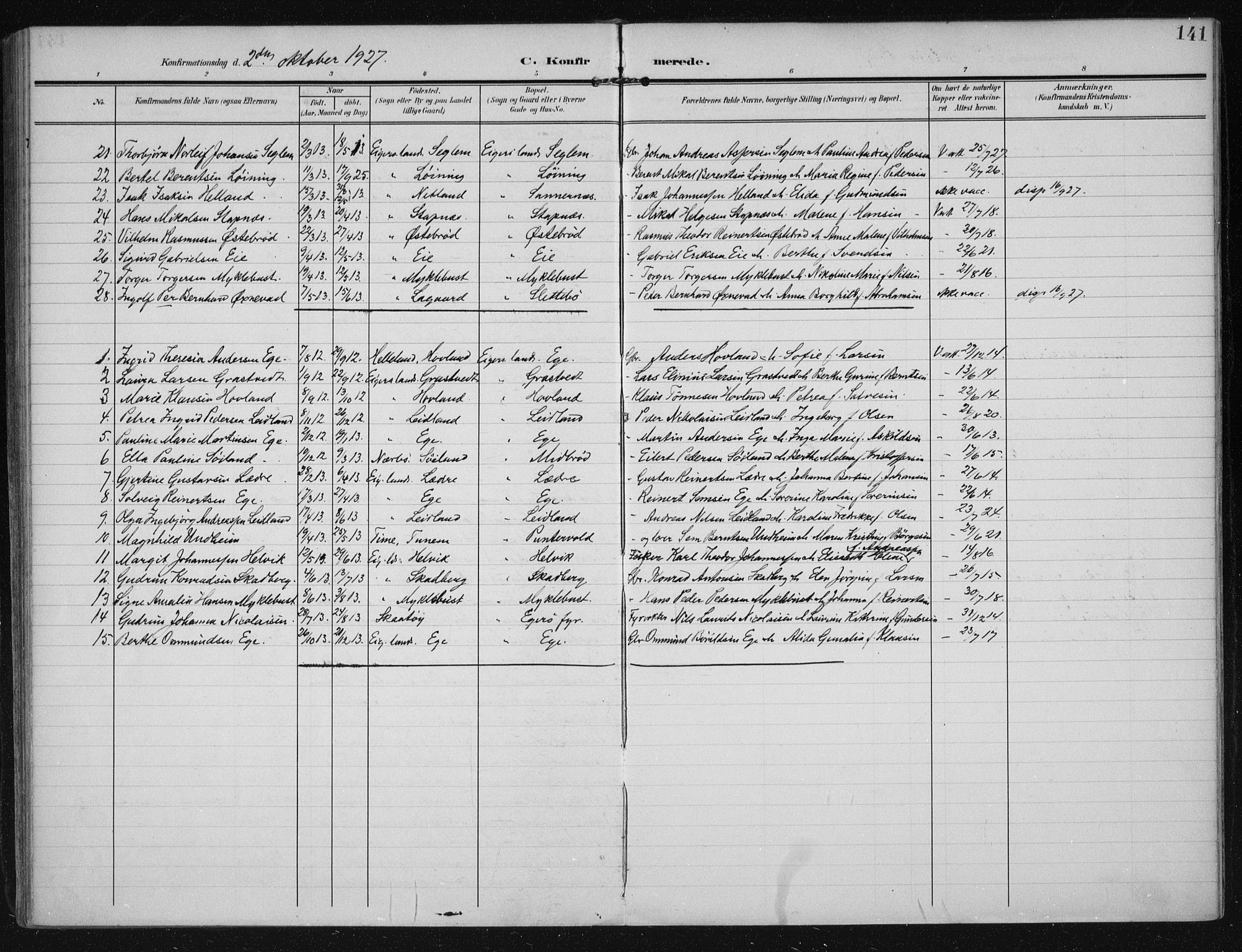 Eigersund sokneprestkontor, SAST/A-101807/S08/L0021: Ministerialbok nr. A 20, 1906-1928, s. 141