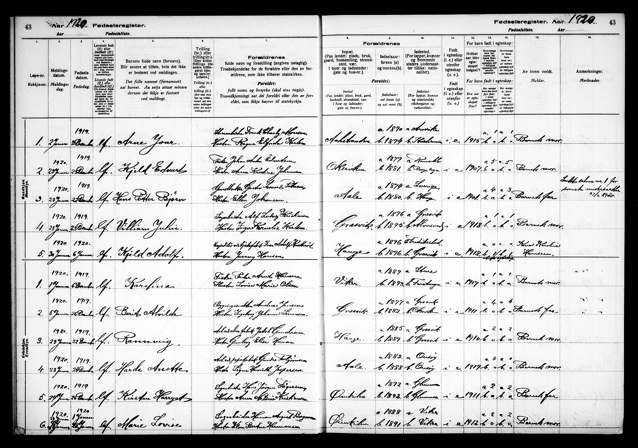 Onsøy prestekontor Kirkebøker, SAO/A-10914/J/Jb/L0001: Fødselsregister nr. II 1, 1916-1938, s. 43