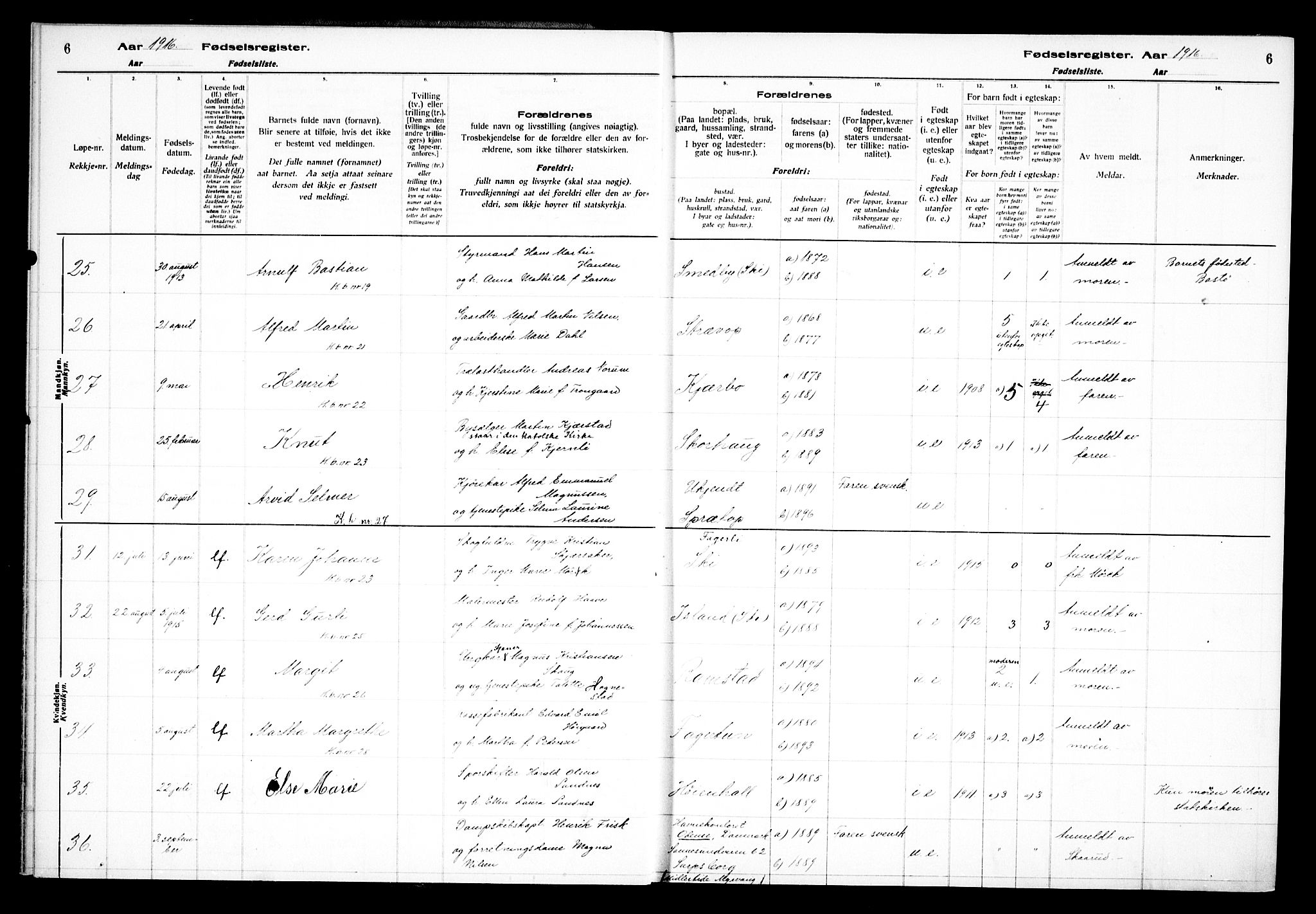 Kråkstad prestekontor Kirkebøker, AV/SAO-A-10125a/J/Jb/L0001: Fødselsregister nr. II 1, 1916-1936, s. 6