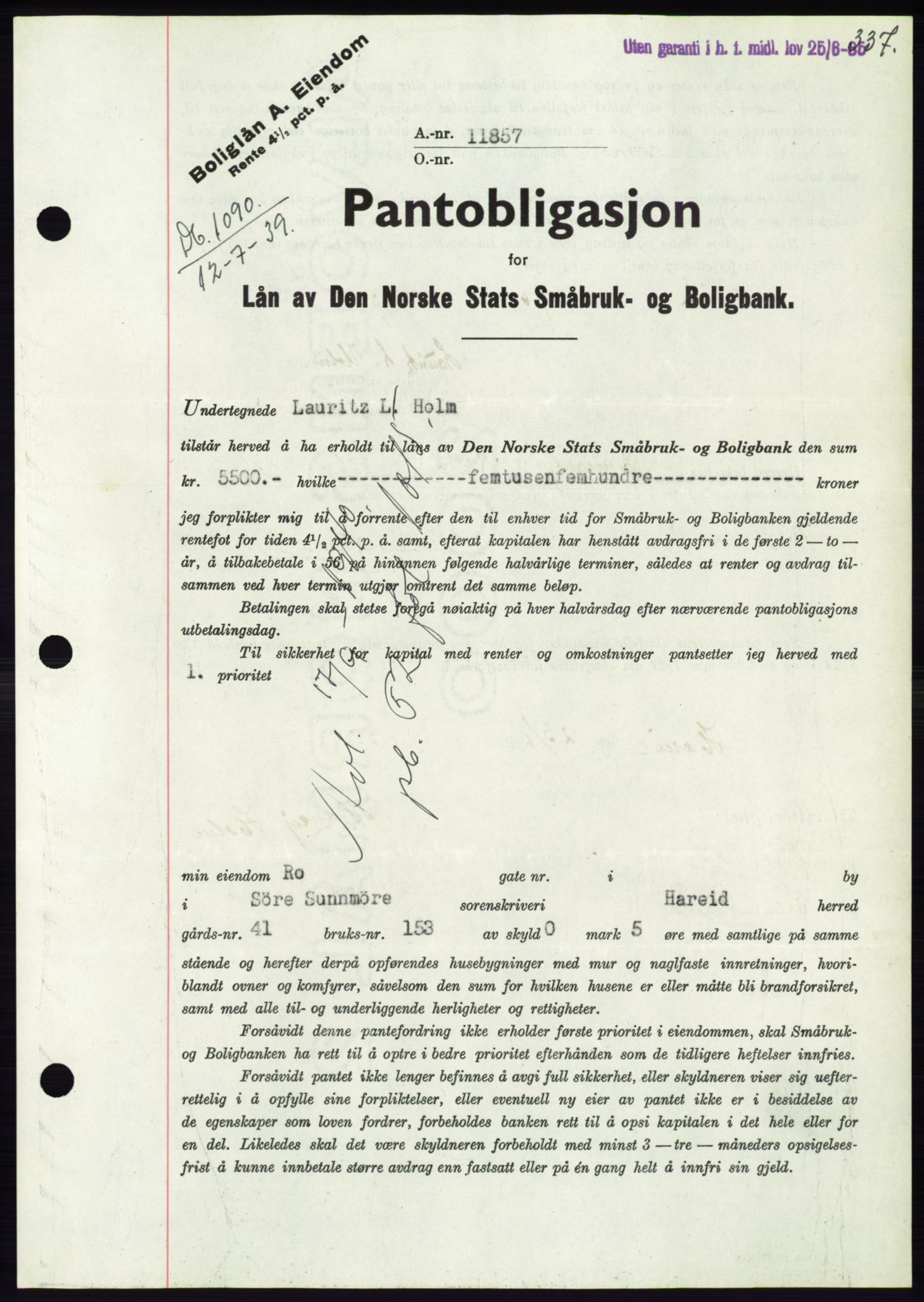 Søre Sunnmøre sorenskriveri, AV/SAT-A-4122/1/2/2C/L0068: Pantebok nr. 62, 1939-1939, Dagboknr: 1090/1939