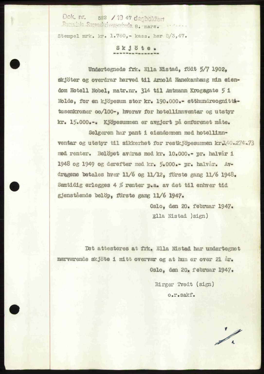 Romsdal sorenskriveri, SAT/A-4149/1/2/2C: Pantebok nr. A22, 1947-1947, Dagboknr: 522/1947