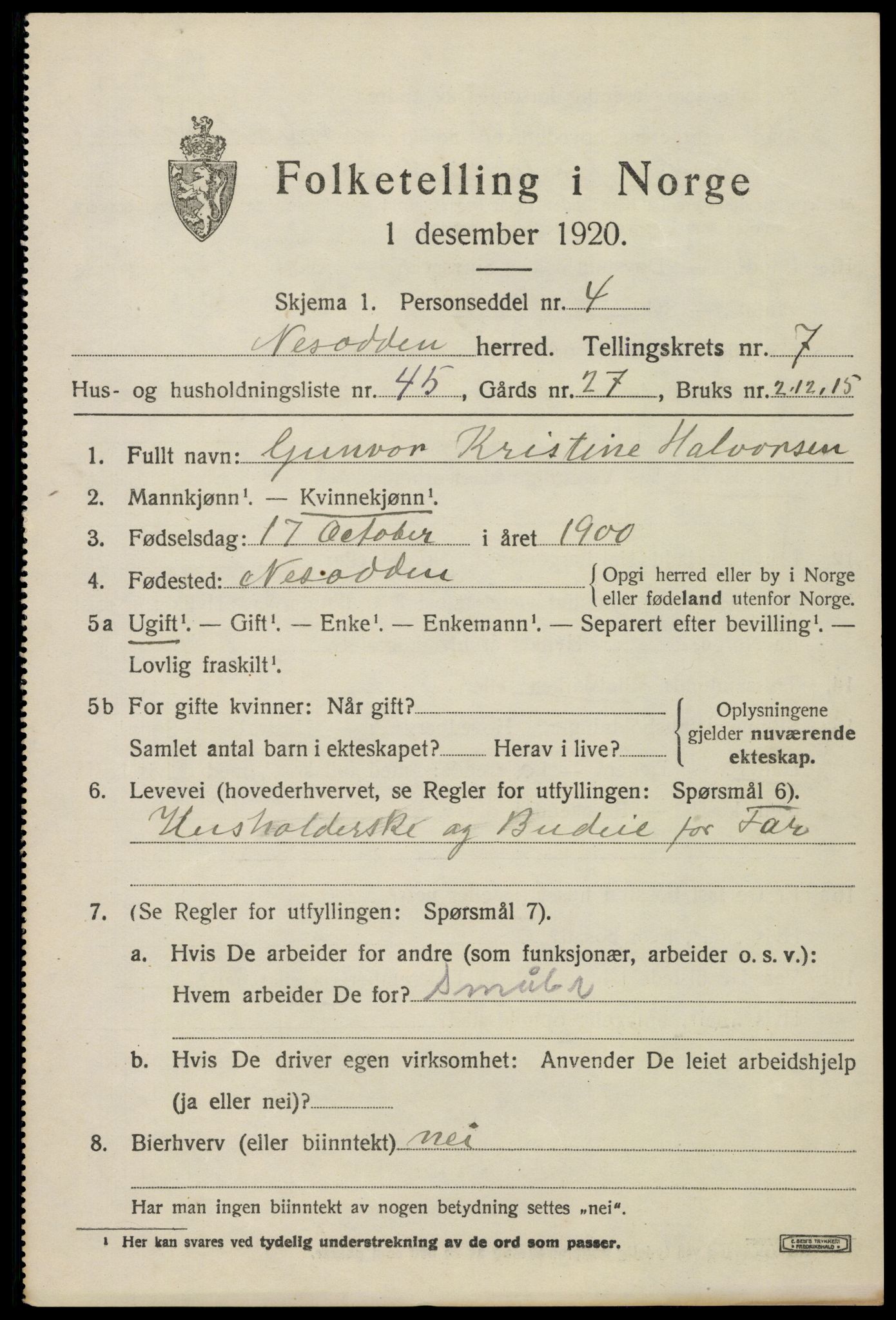 SAO, Folketelling 1920 for 0216 Nesodden herred, 1920, s. 6147