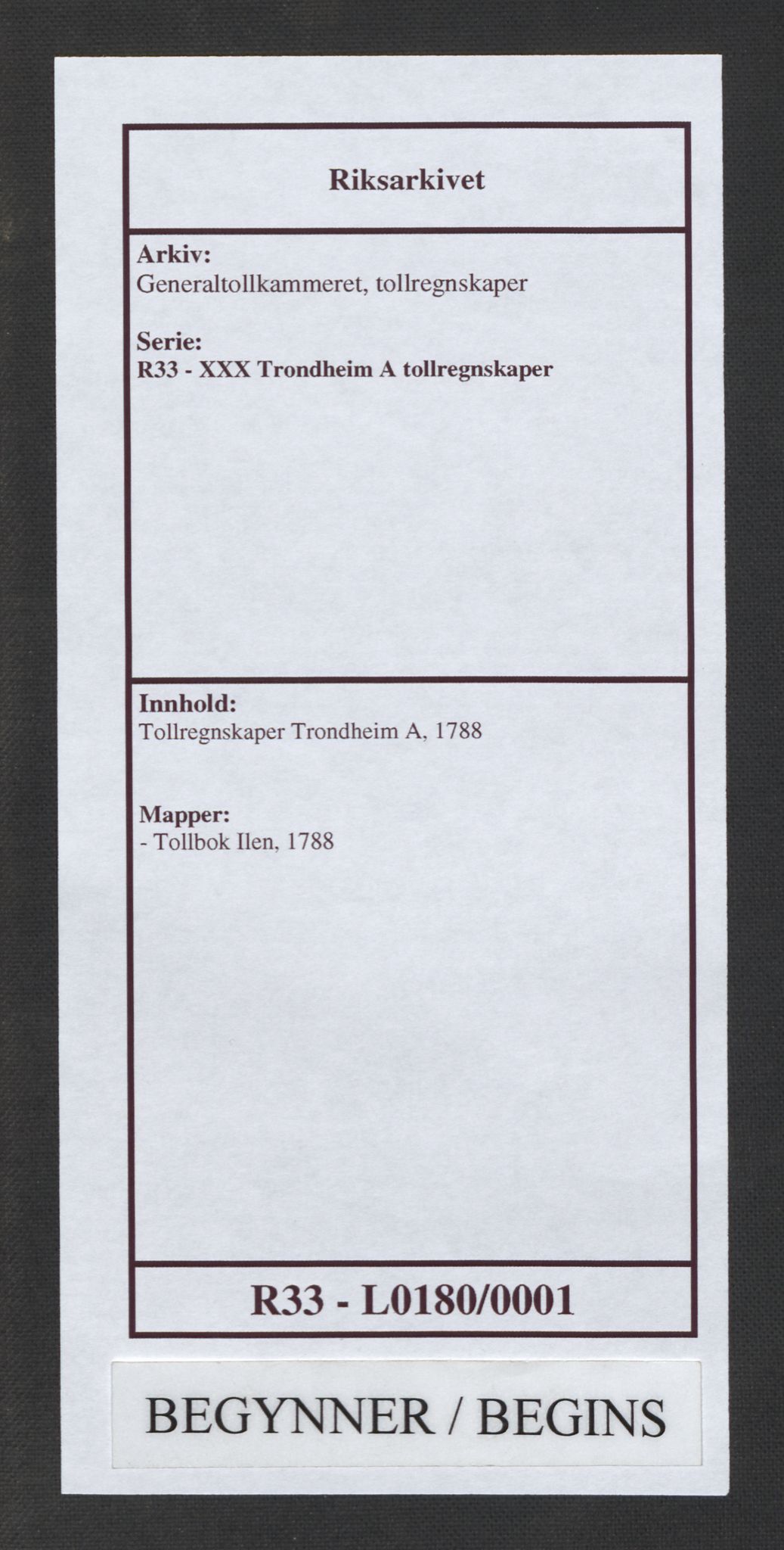Generaltollkammeret, tollregnskaper, RA/EA-5490/R33/L0180/0001: Tollregnskaper Trondheim A / Tollbok Ilen, 1788