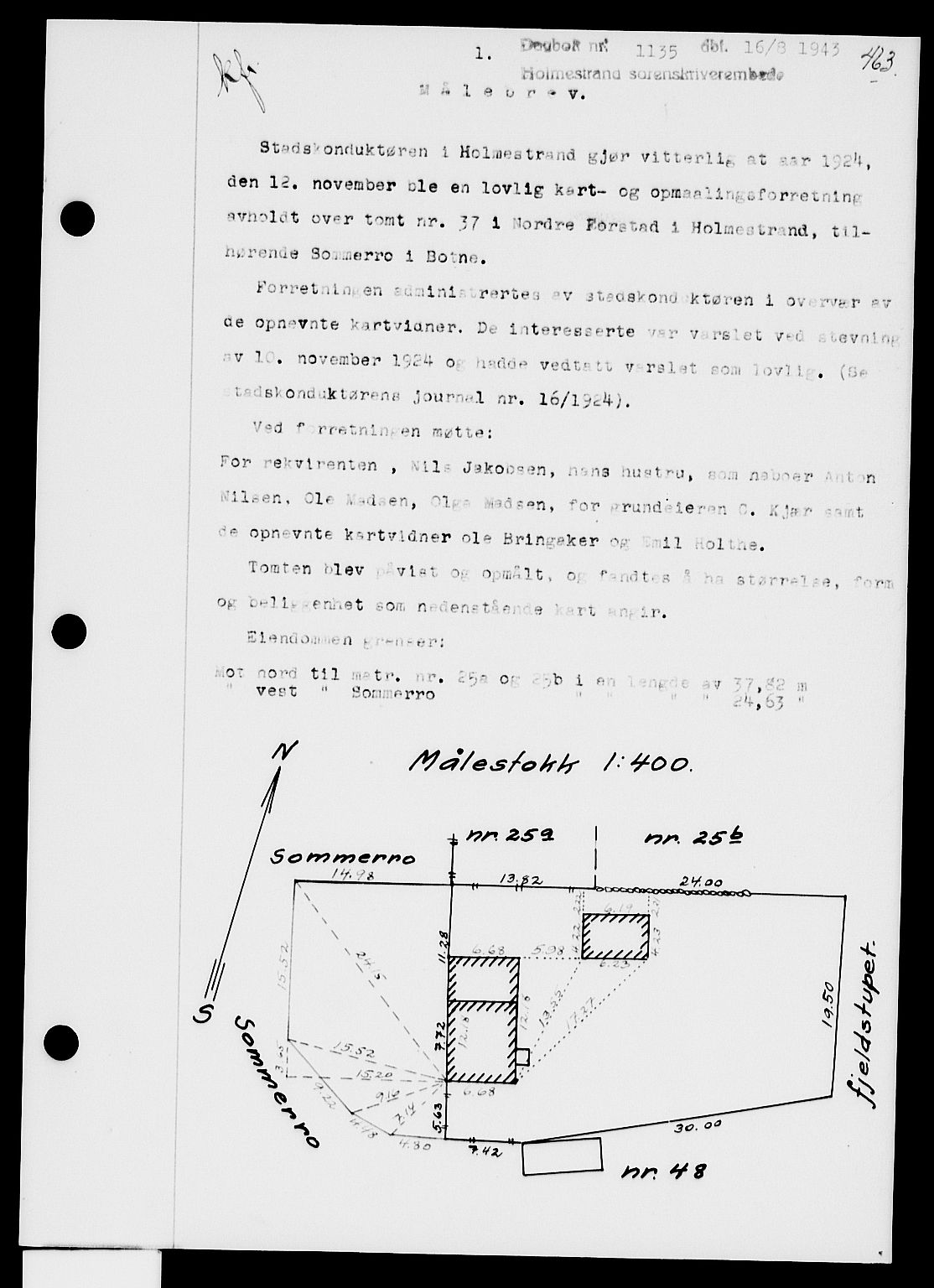 Holmestrand sorenskriveri, SAKO/A-67/G/Ga/Gaa/L0057: Pantebok nr. A-57, 1943-1944, Dagboknr: 1135/1943