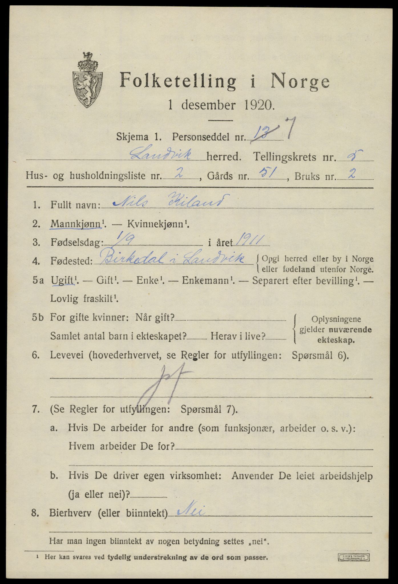SAK, Folketelling 1920 for 0924 Landvik herred, 1920, s. 4032