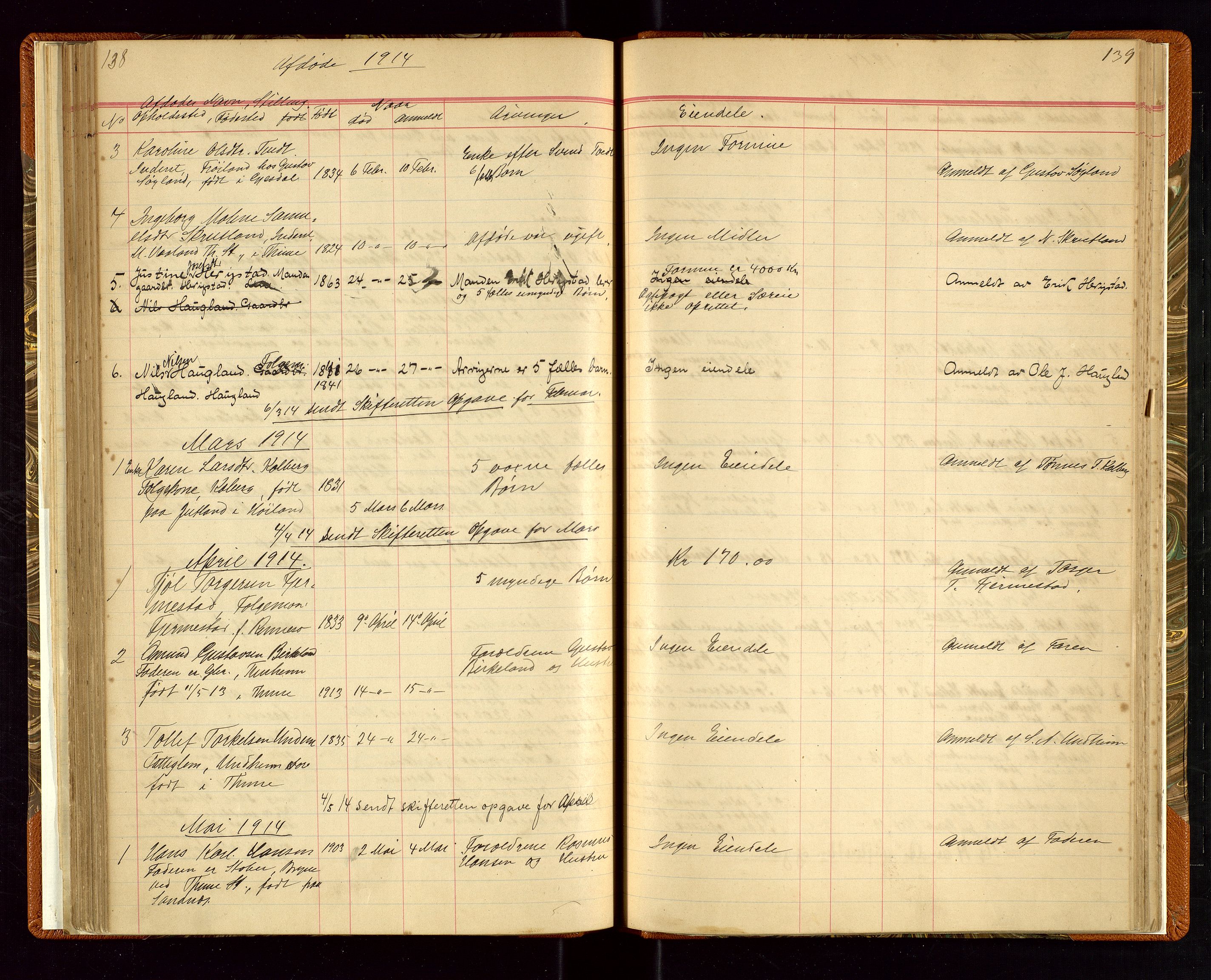 Time lensmannskontor, AV/SAST-A-100420/Gga/L0001: Dødsfallprotokoll m/alfabetisk register, 1880-1921, s. 138-139