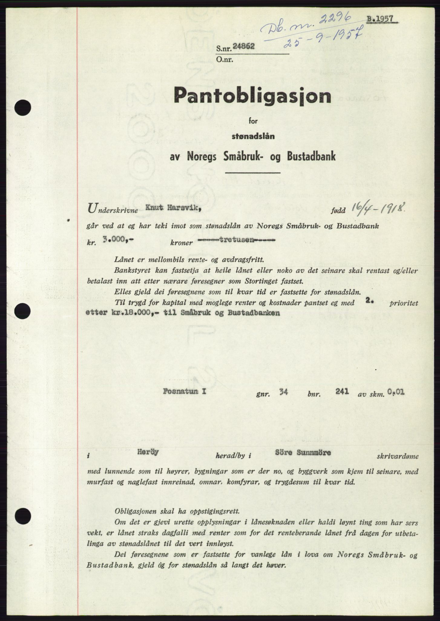 Søre Sunnmøre sorenskriveri, AV/SAT-A-4122/1/2/2C/L0130: Pantebok nr. 18B, 1957-1958, Dagboknr: 2296/1957