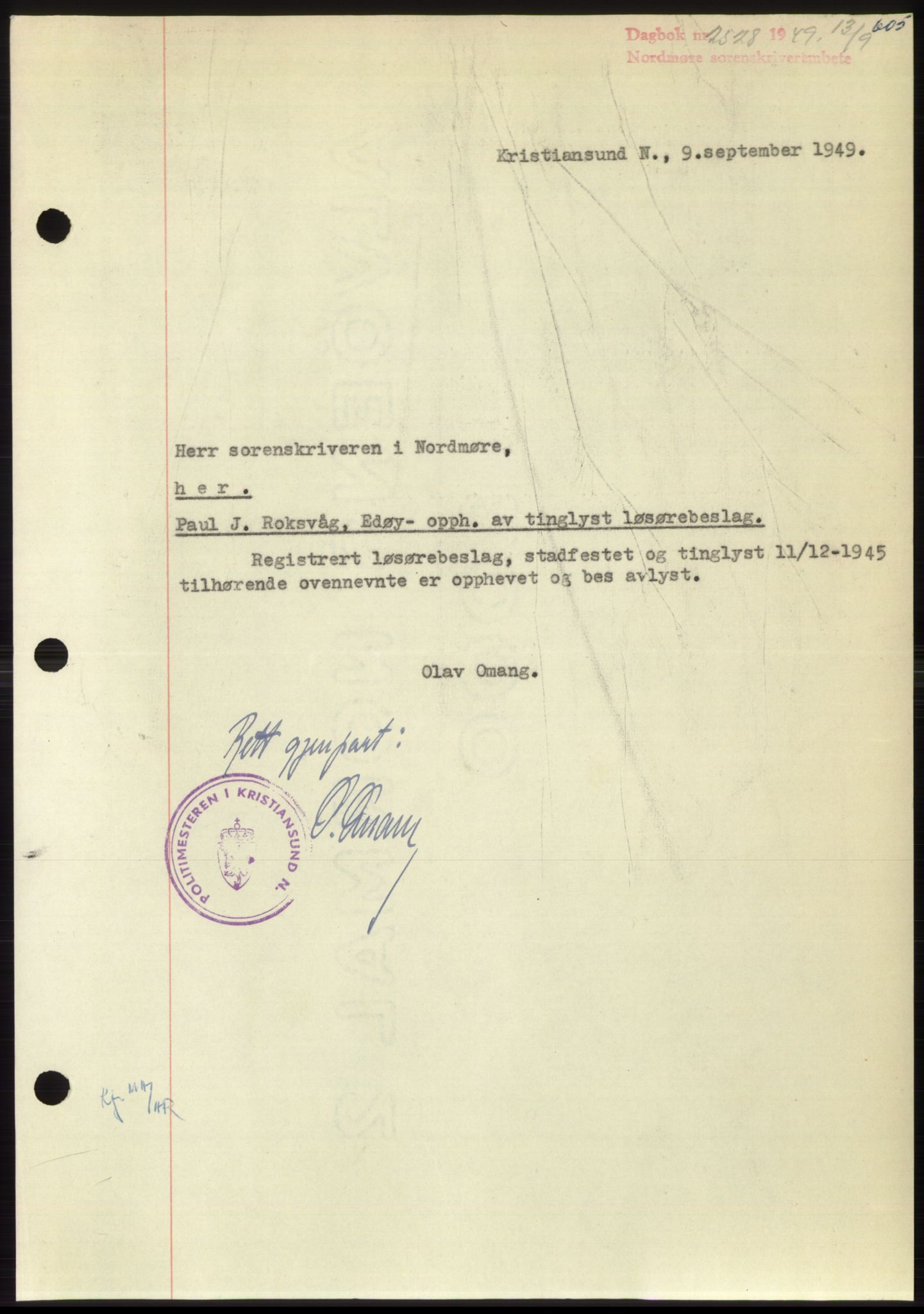 Nordmøre sorenskriveri, AV/SAT-A-4132/1/2/2Ca: Pantebok nr. B102, 1949-1949, Dagboknr: 2528/1949