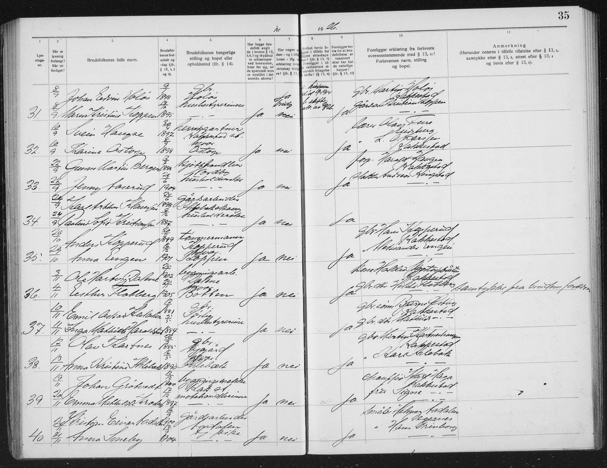 Rakkestad prestekontor Kirkebøker, AV/SAO-A-2008/H/Ha/L0001: Lysningsprotokoll nr. 1, 1919-1941, s. 35