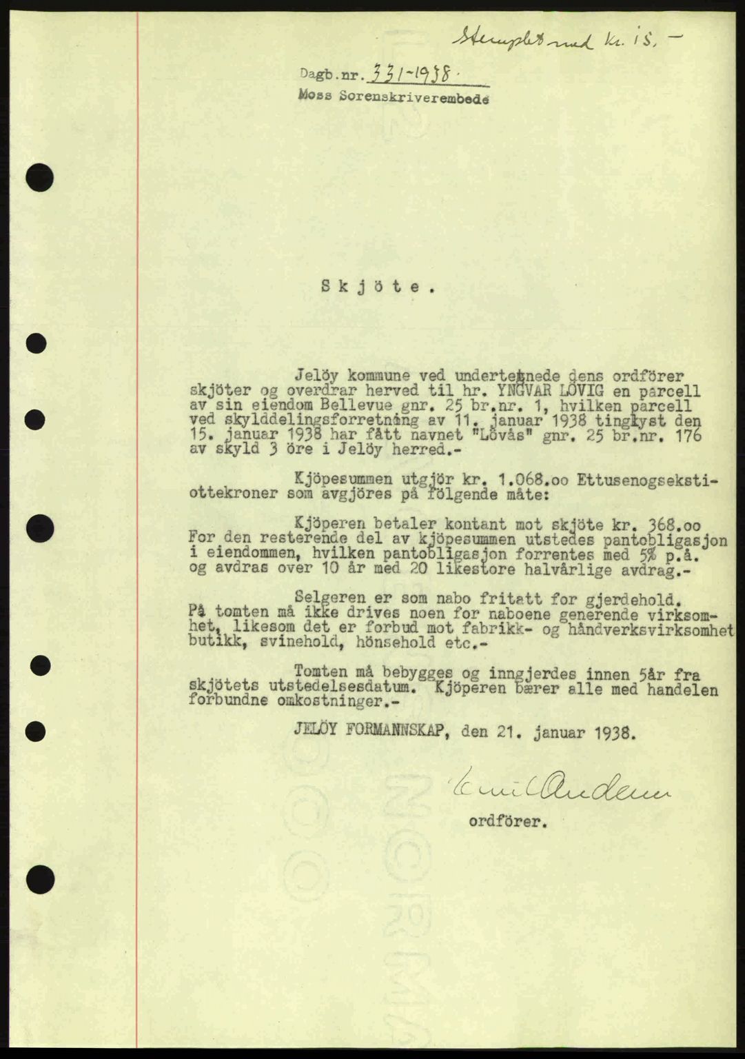 Moss sorenskriveri, SAO/A-10168: Pantebok nr. A4, 1938-1938, Dagboknr: 331/1938