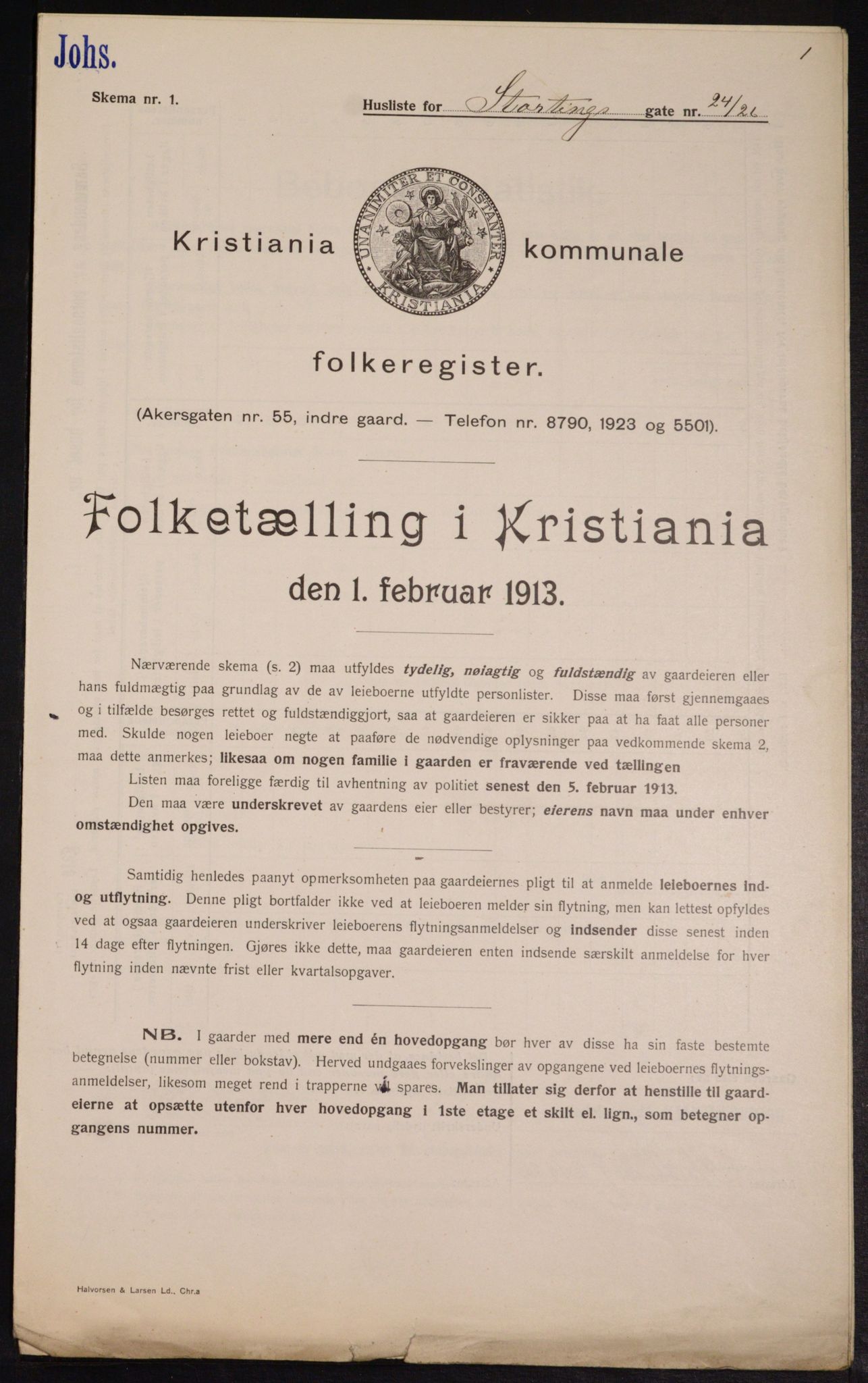 OBA, Kommunal folketelling 1.2.1913 for Kristiania, 1913, s. 103671