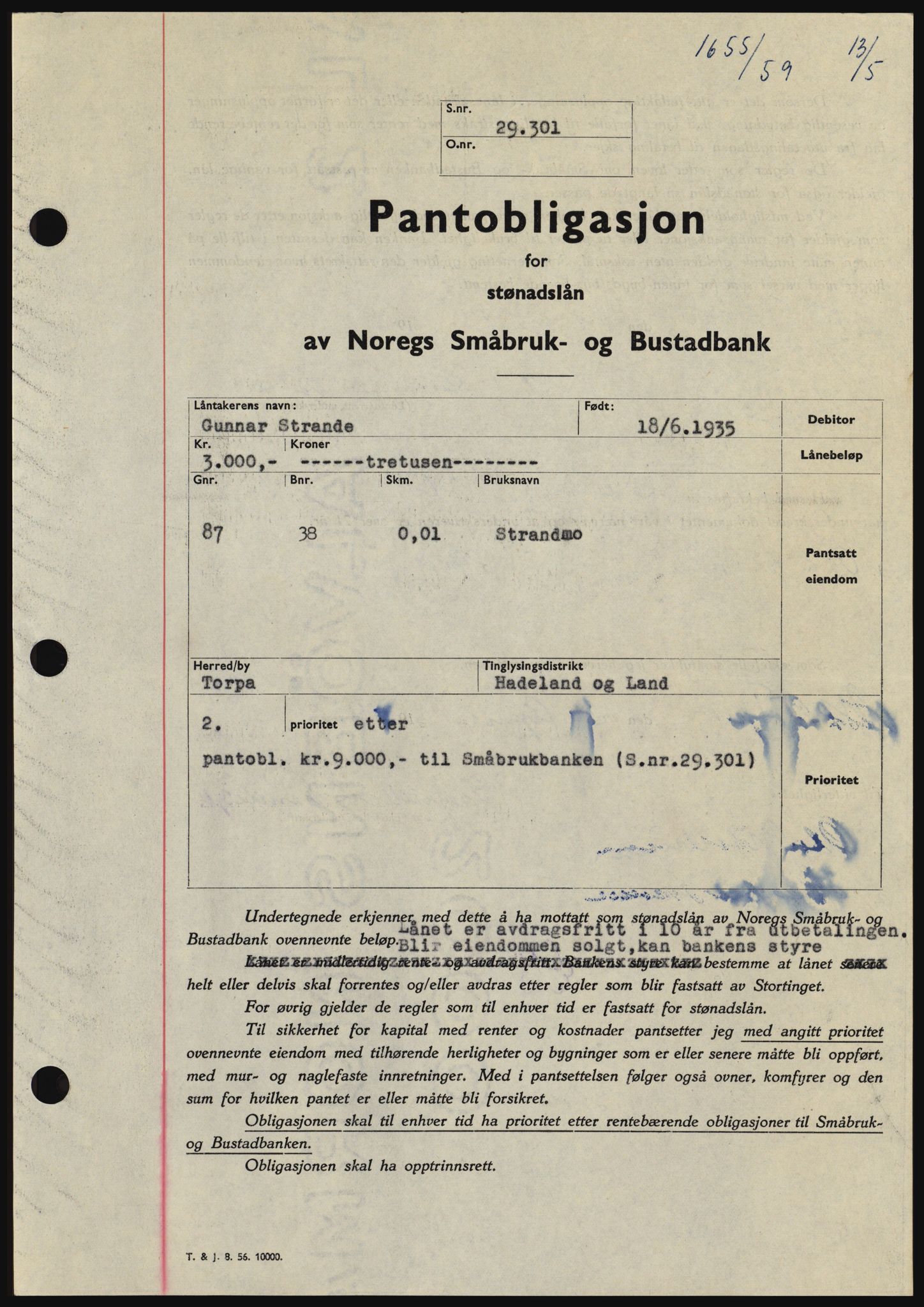 Hadeland og Land tingrett, SAH/TING-010/H/Hb/Hbc/L0040: Pantebok nr. B40, 1959-1959, Dagboknr: 1655/1959