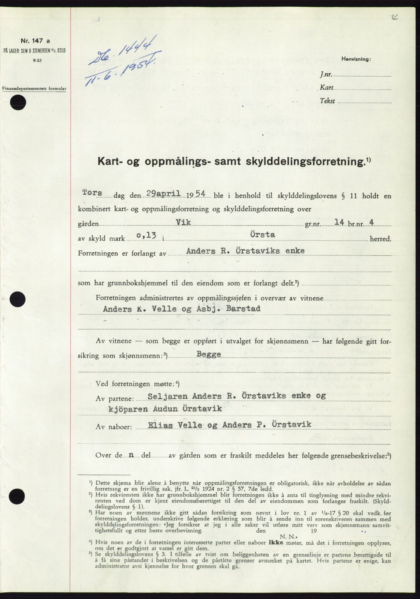 Søre Sunnmøre sorenskriveri, SAT/A-4122/1/2/2C/L0098: Pantebok nr. 24A, 1954-1954, Dagboknr: 1444/1954