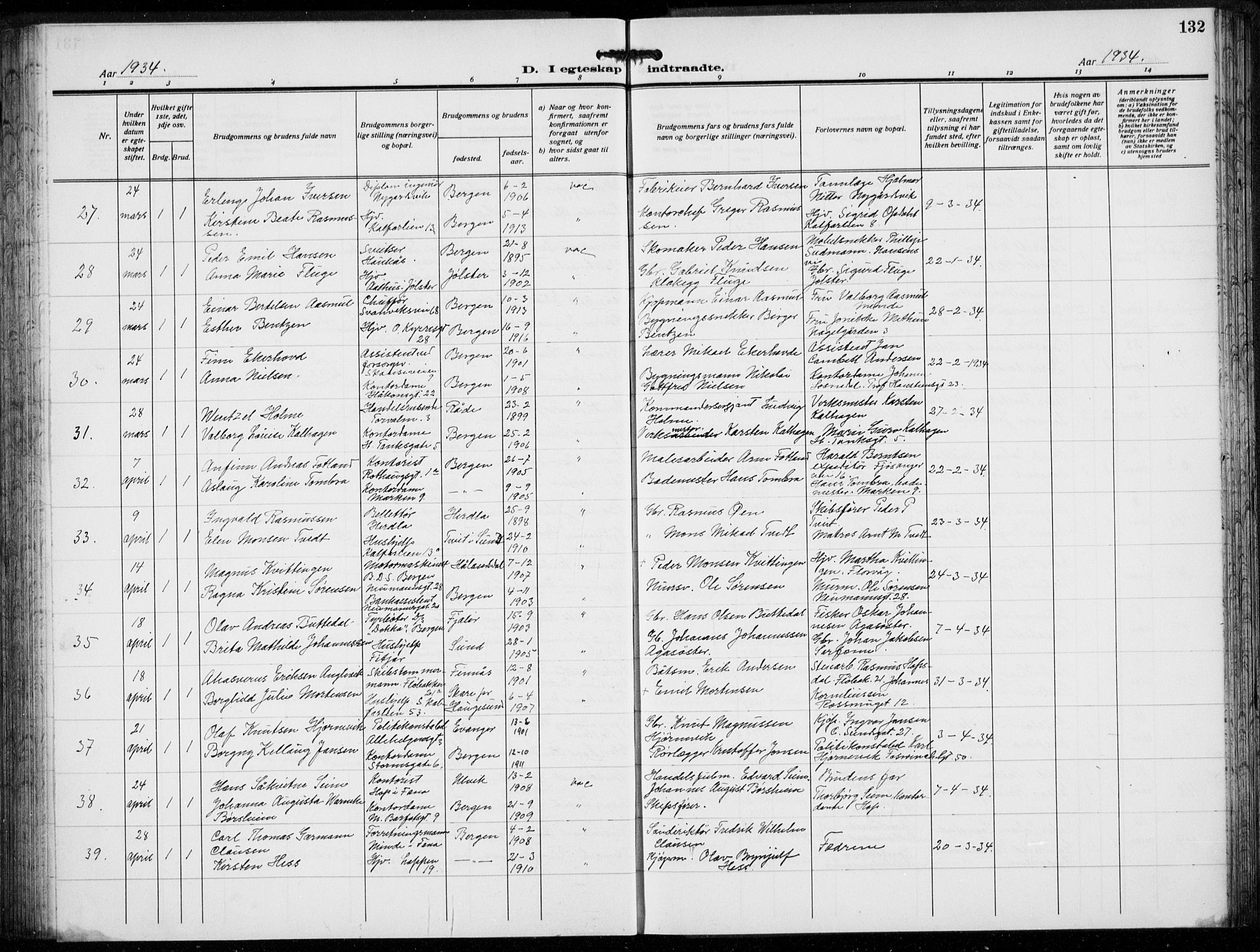 Domkirken sokneprestembete, AV/SAB-A-74801/H/Hab/L0034: Klokkerbok nr. D 6, 1924-1941, s. 132