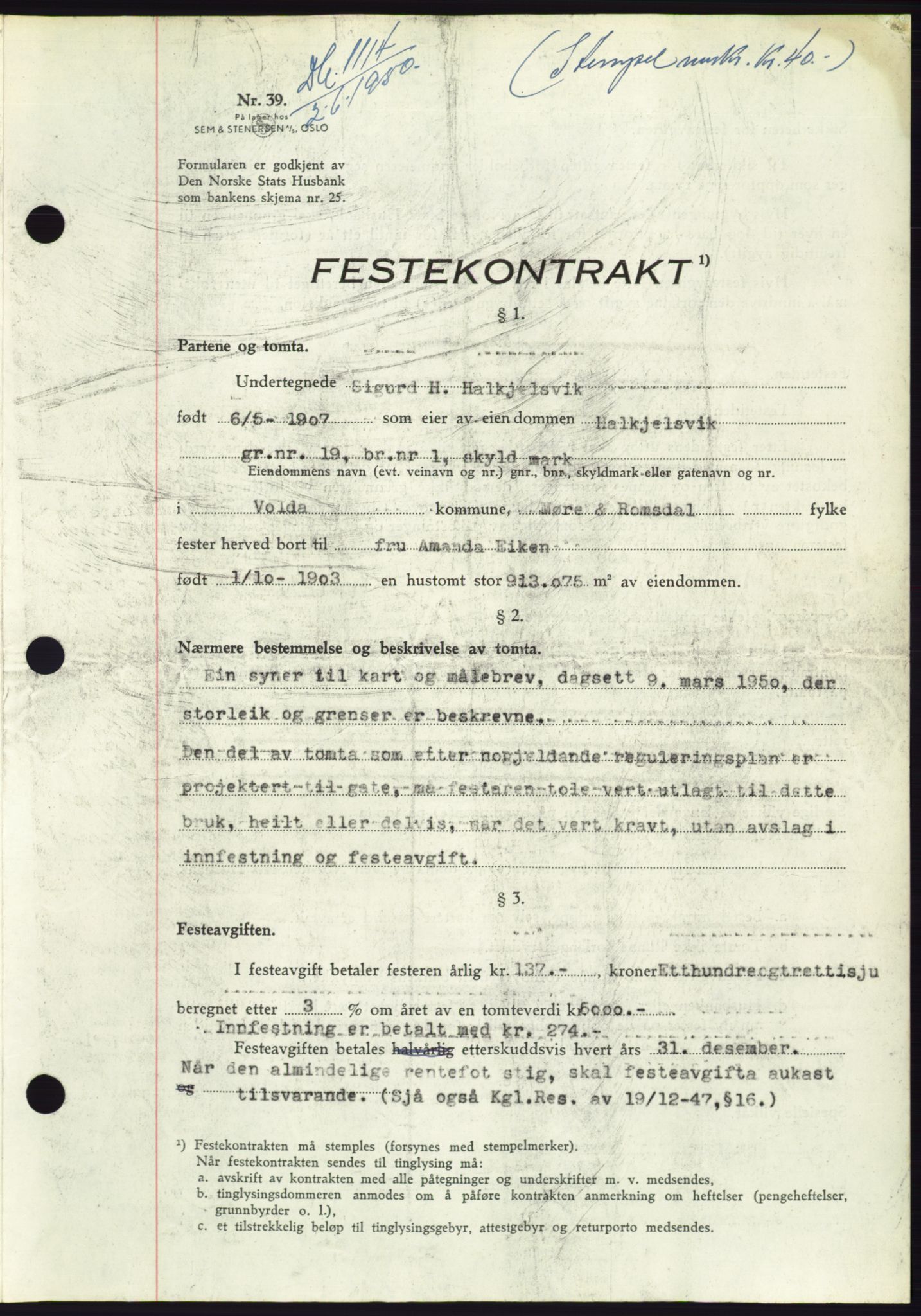 Søre Sunnmøre sorenskriveri, SAT/A-4122/1/2/2C/L0087: Pantebok nr. 13A, 1950-1950, Dagboknr: 1114/1950