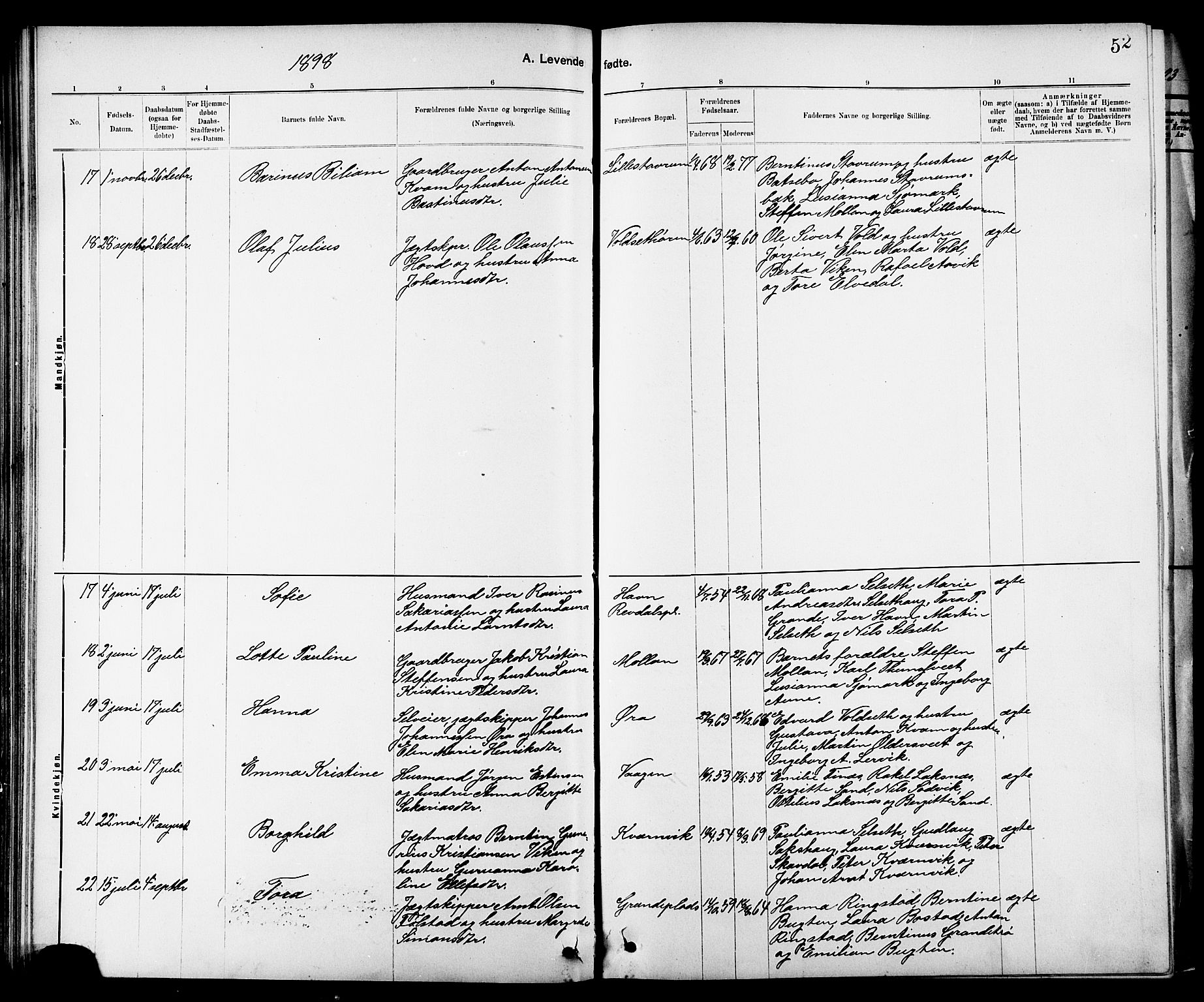 Ministerialprotokoller, klokkerbøker og fødselsregistre - Nord-Trøndelag, SAT/A-1458/744/L0423: Klokkerbok nr. 744C02, 1886-1905, s. 52