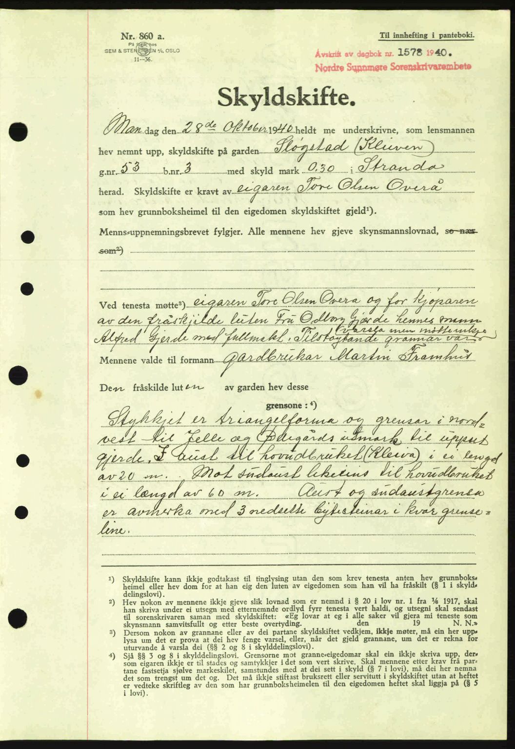 Nordre Sunnmøre sorenskriveri, AV/SAT-A-0006/1/2/2C/2Ca: Pantebok nr. A10, 1940-1941, Dagboknr: 1578/1940