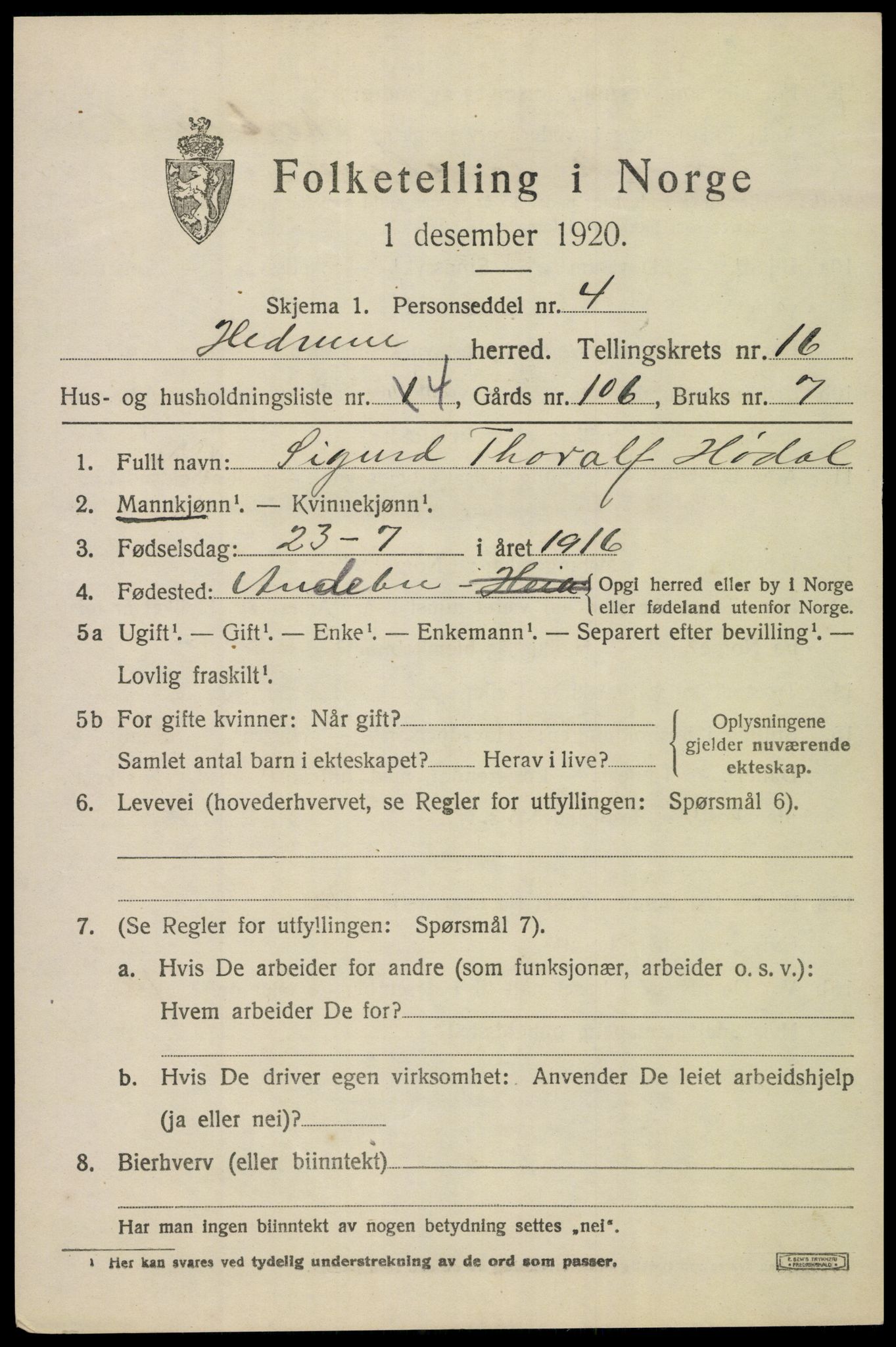 SAKO, Folketelling 1920 for 0727 Hedrum herred, 1920, s. 10279