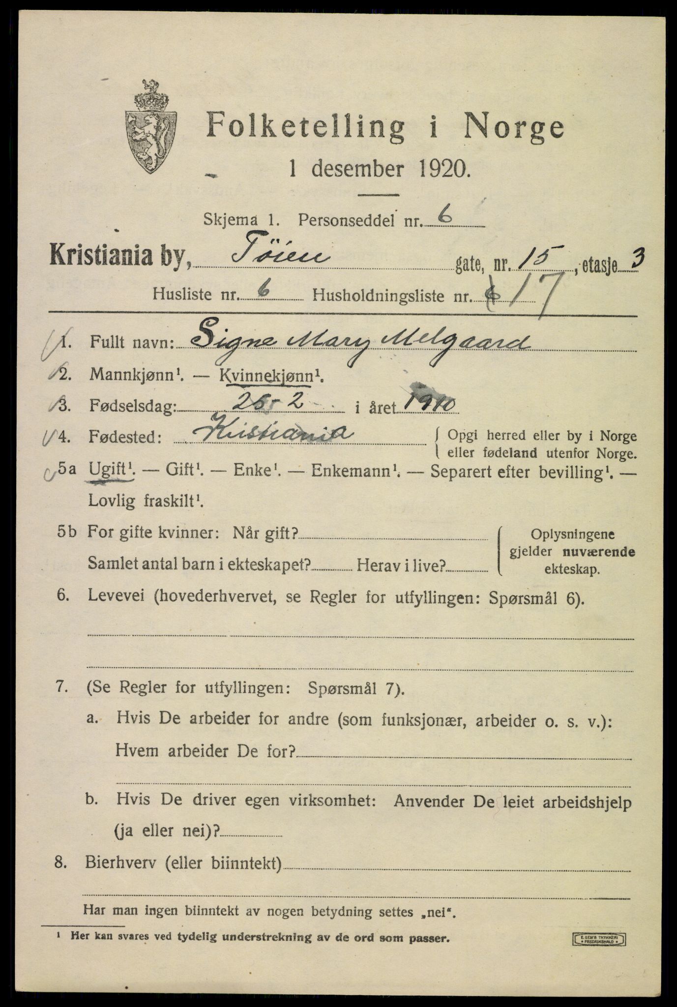 SAO, Folketelling 1920 for 0301 Kristiania kjøpstad, 1920, s. 605321