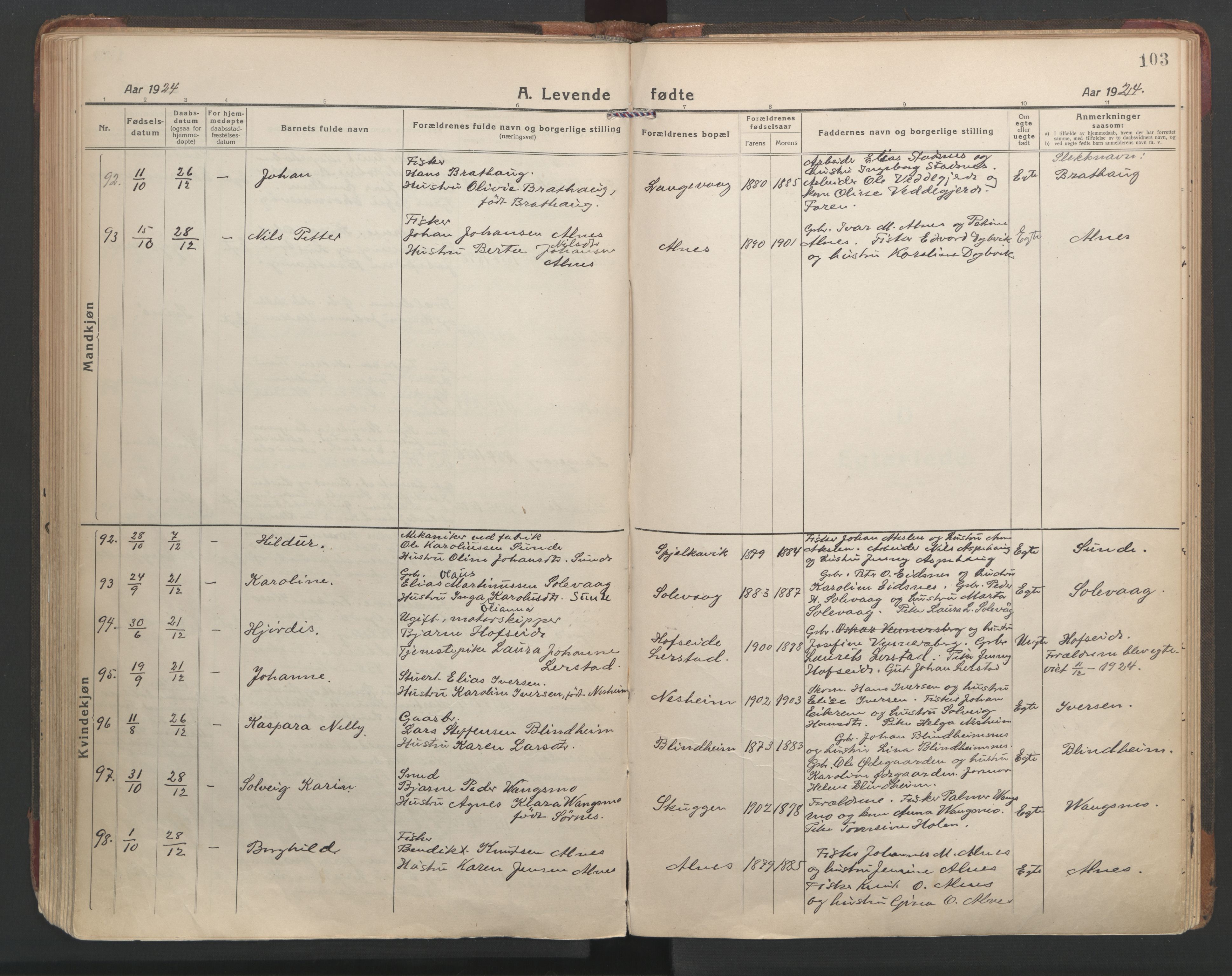 Ministerialprotokoller, klokkerbøker og fødselsregistre - Møre og Romsdal, AV/SAT-A-1454/528/L0412: Ministerialbok nr. 528A21, 1920-1926, s. 103