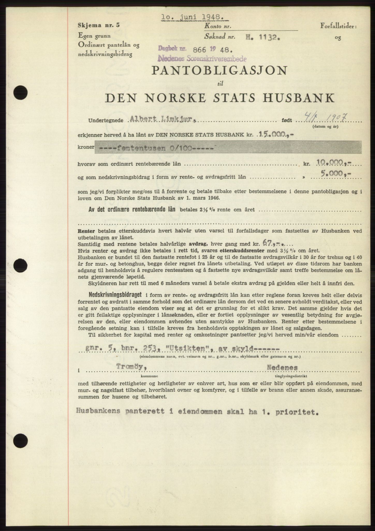 Nedenes sorenskriveri, AV/SAK-1221-0006/G/Gb/Gbb/L0005: Pantebok nr. B5, 1948-1948, Dagboknr: 866/1948