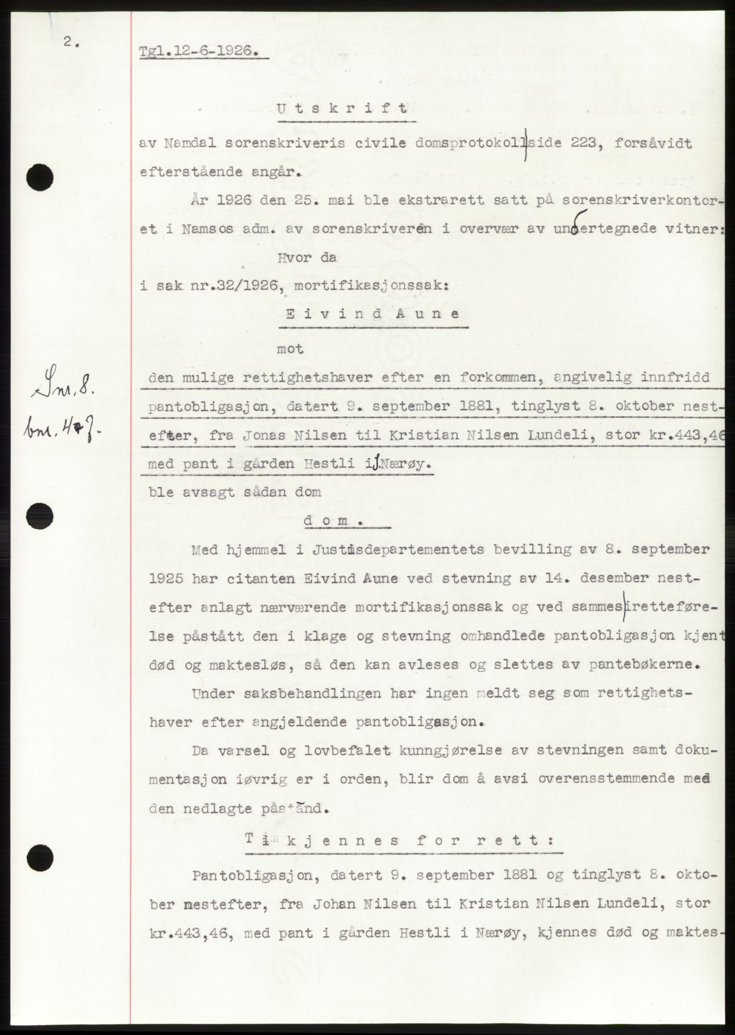 Namdal sorenskriveri, SAT/A-4133/1/2/2C: Pantebok nr. -, 1926-1930, Tingl.dato: 12.06.1926