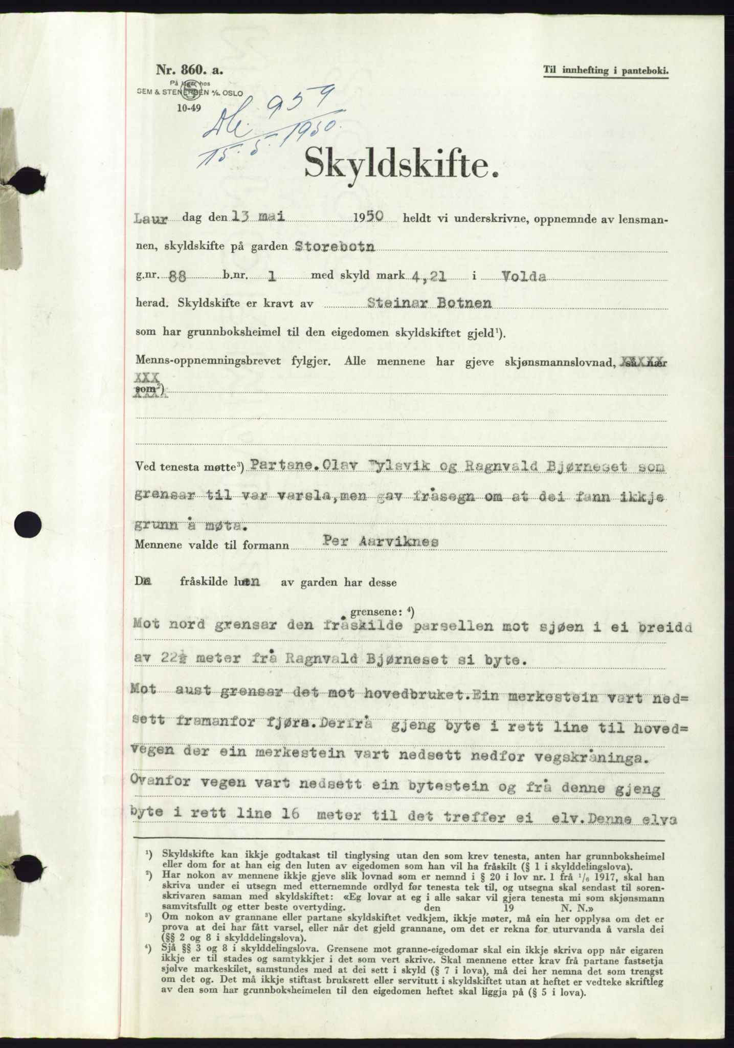 Søre Sunnmøre sorenskriveri, SAT/A-4122/1/2/2C/L0086: Pantebok nr. 12A, 1949-1950, Dagboknr: 959/1950