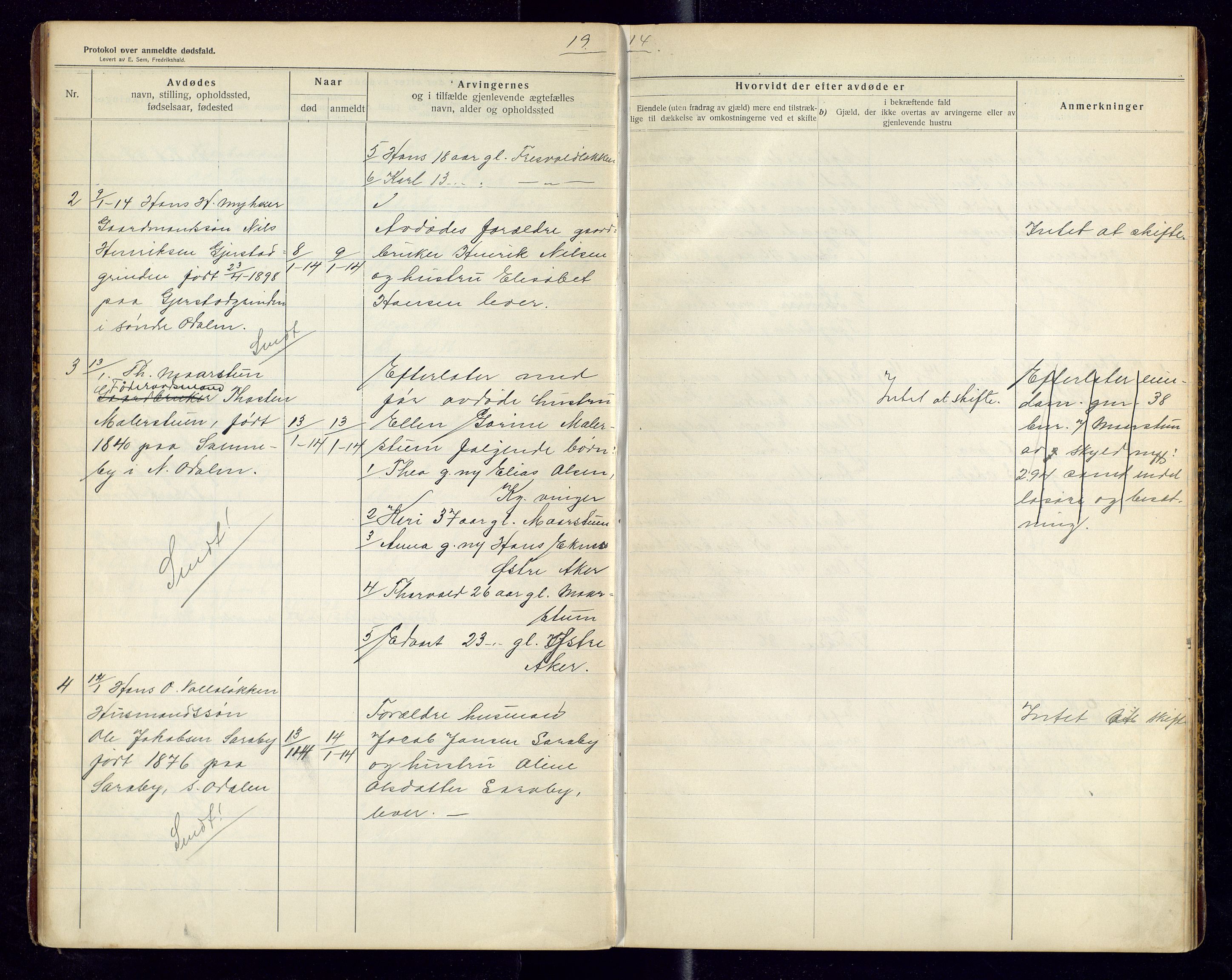 Sør-Odal lensmannskontor, SAH/LHS-022/H/Hb/L0002/0001: Protokoller over anmeldte dødsfall / Protokoll over anmeldte dødsfall, 1913-1915