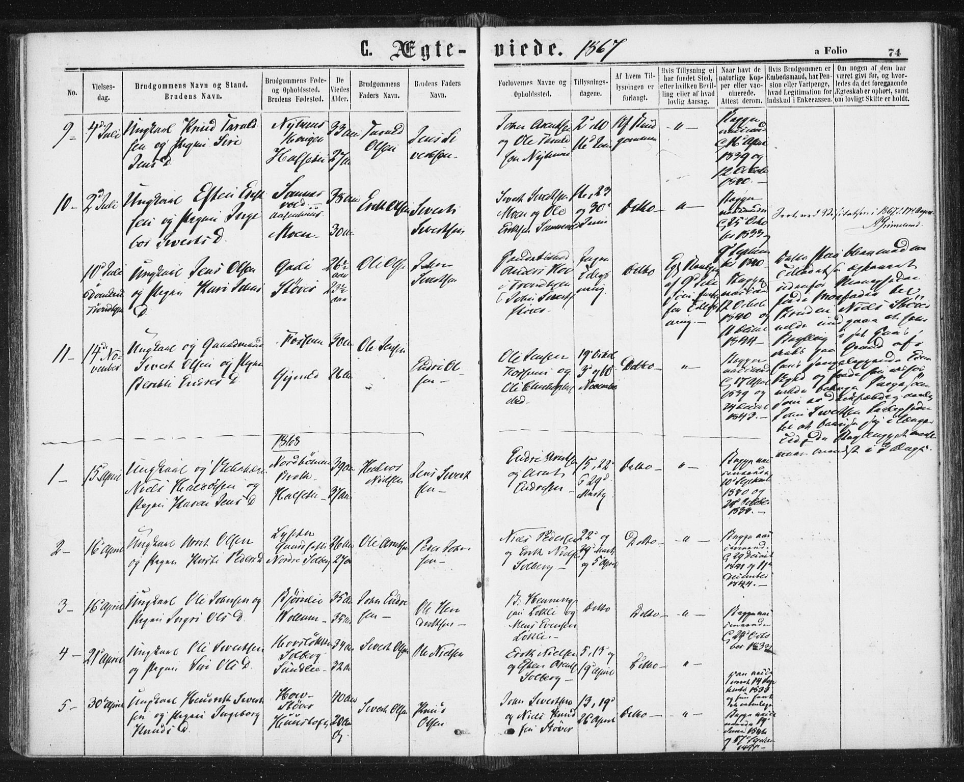 Ministerialprotokoller, klokkerbøker og fødselsregistre - Sør-Trøndelag, AV/SAT-A-1456/689/L1039: Ministerialbok nr. 689A04, 1865-1878, s. 74
