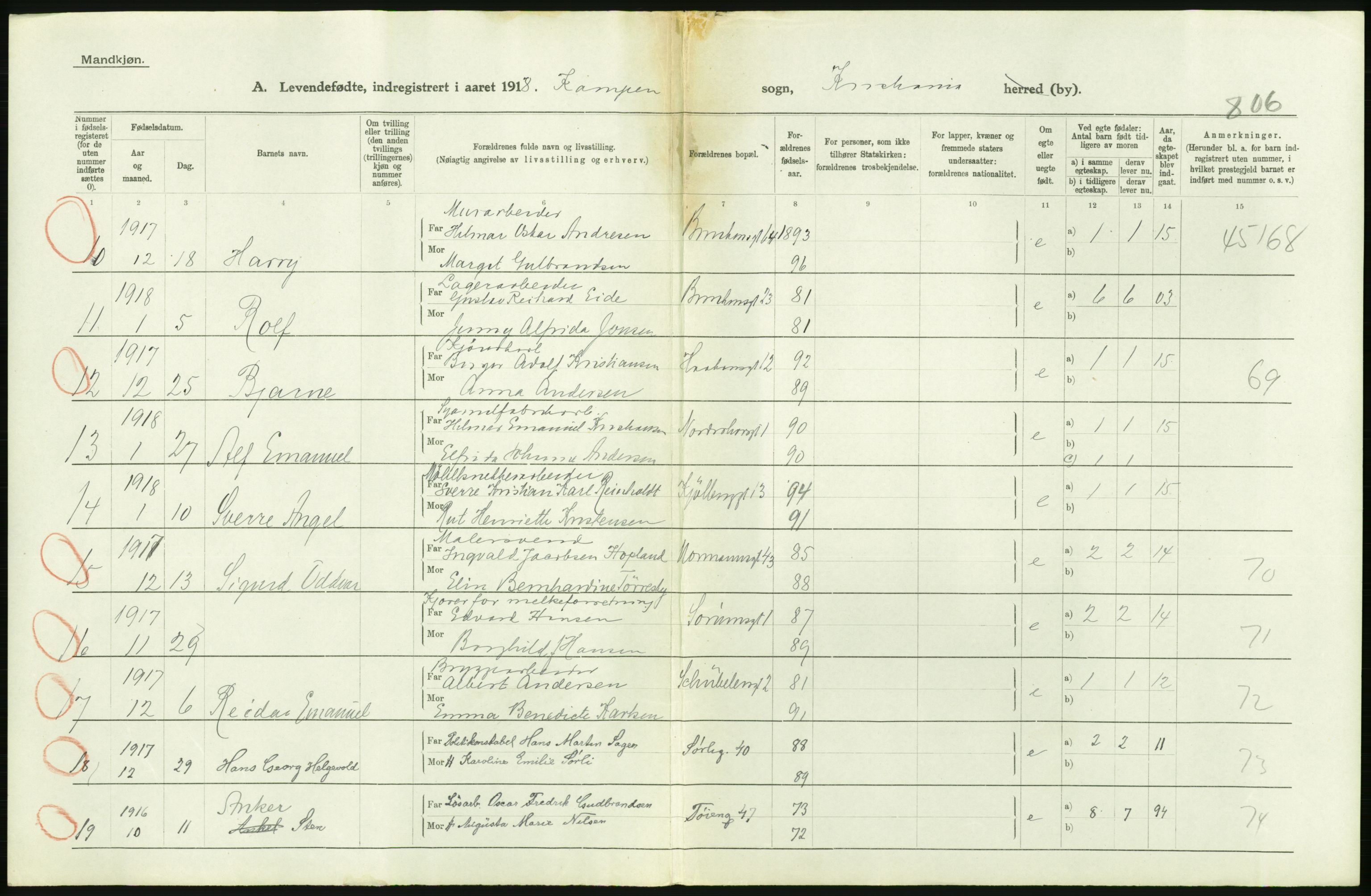 Statistisk sentralbyrå, Sosiodemografiske emner, Befolkning, AV/RA-S-2228/D/Df/Dfb/Dfbh/L0008: Kristiania: Levendefødte menn og kvinner., 1918, s. 308