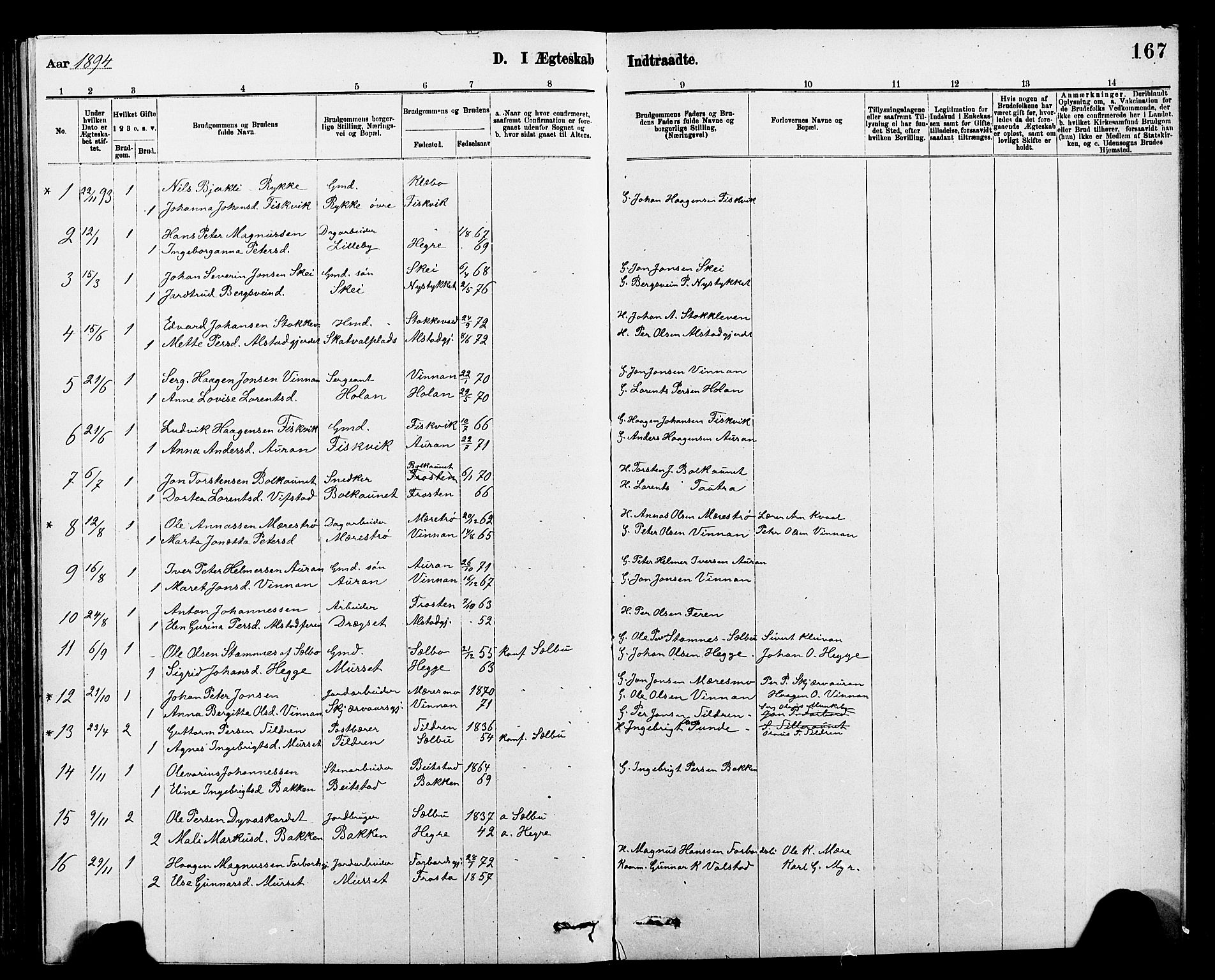 Ministerialprotokoller, klokkerbøker og fødselsregistre - Nord-Trøndelag, SAT/A-1458/712/L0103: Klokkerbok nr. 712C01, 1878-1917, s. 167