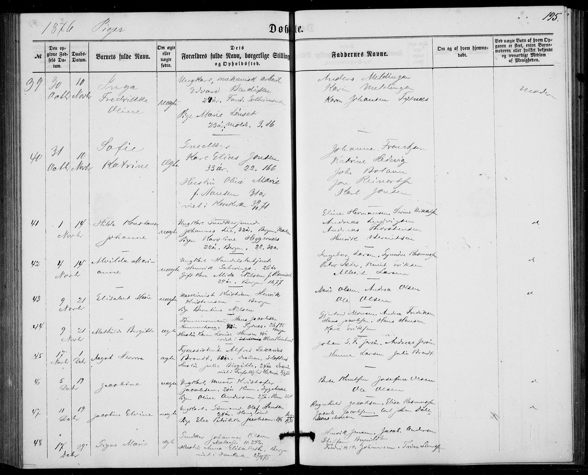 Fødselsstiftelsens sokneprestembete, ført av overlegen*, SAB/-: Ministerialbok nr. A 1, 1863-1883, s. 195